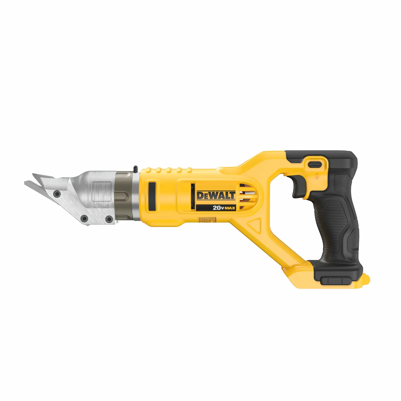 DEWALT cordless metal shear tool with a yellow and black handle, labeled '20V Max', designed for cutting metal sheets.