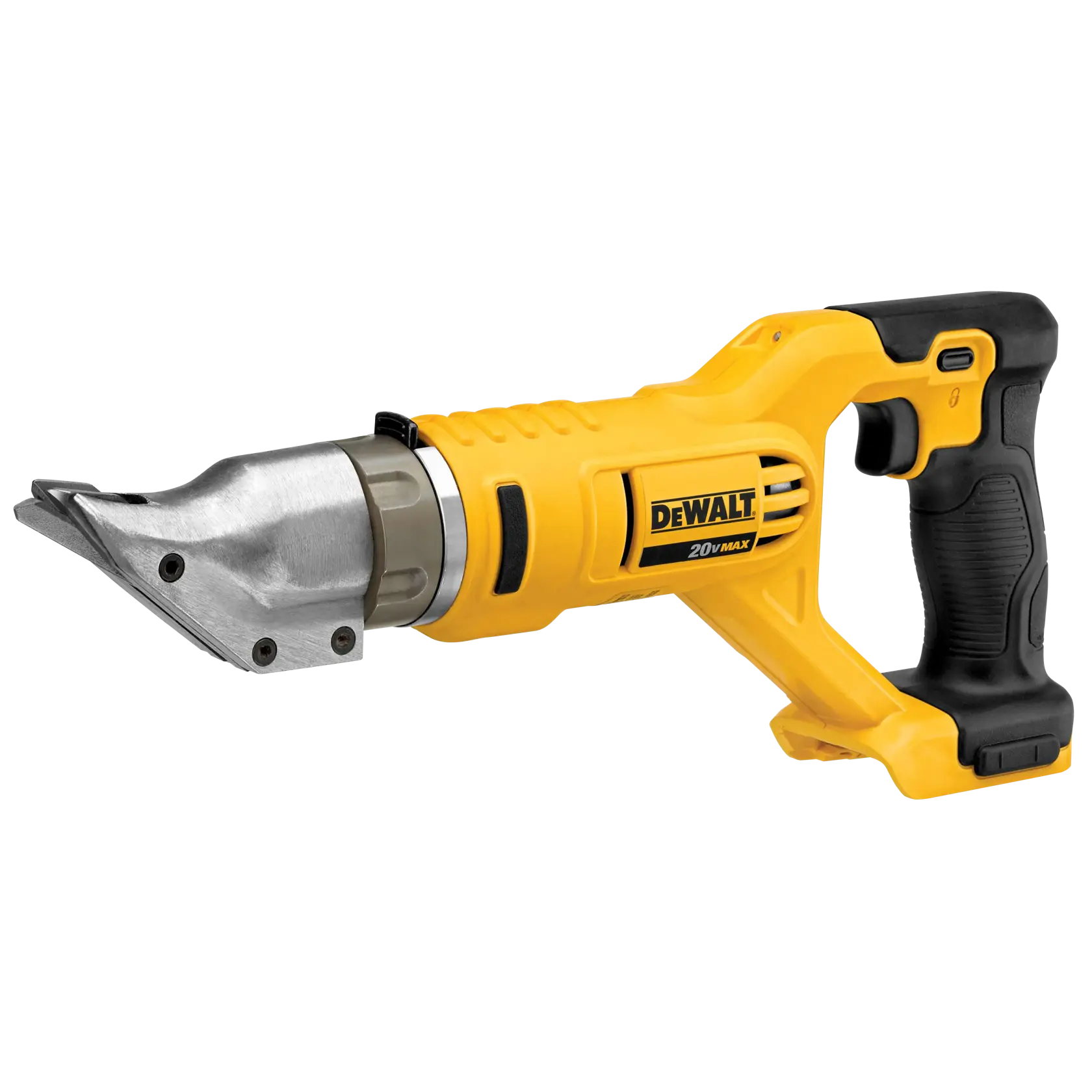 A cordless yellow and black DEWALT 20V Max metal shear tool with a pistol grip and angled cutting blades.