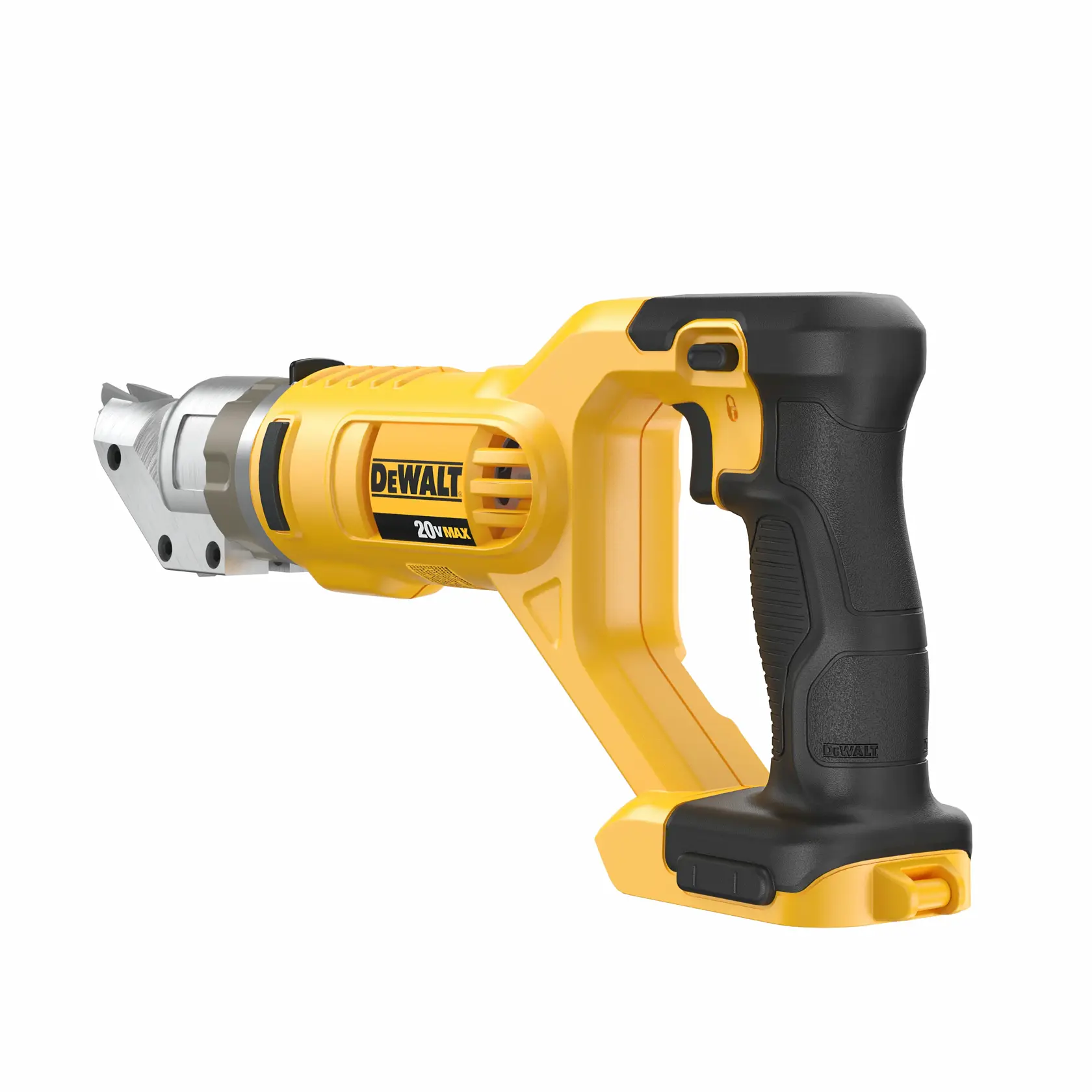 A DEWALT 20V Max cordless metal shear tool with a yellow and black design, shown from the side against a white background.