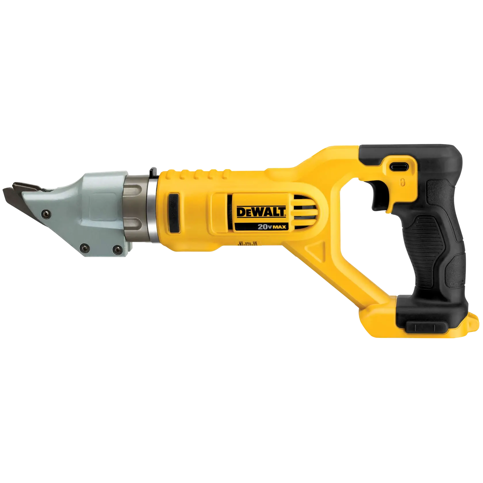 A DeWalt 20V Max cordless metal shear tool in yellow and black color, shown from the side.