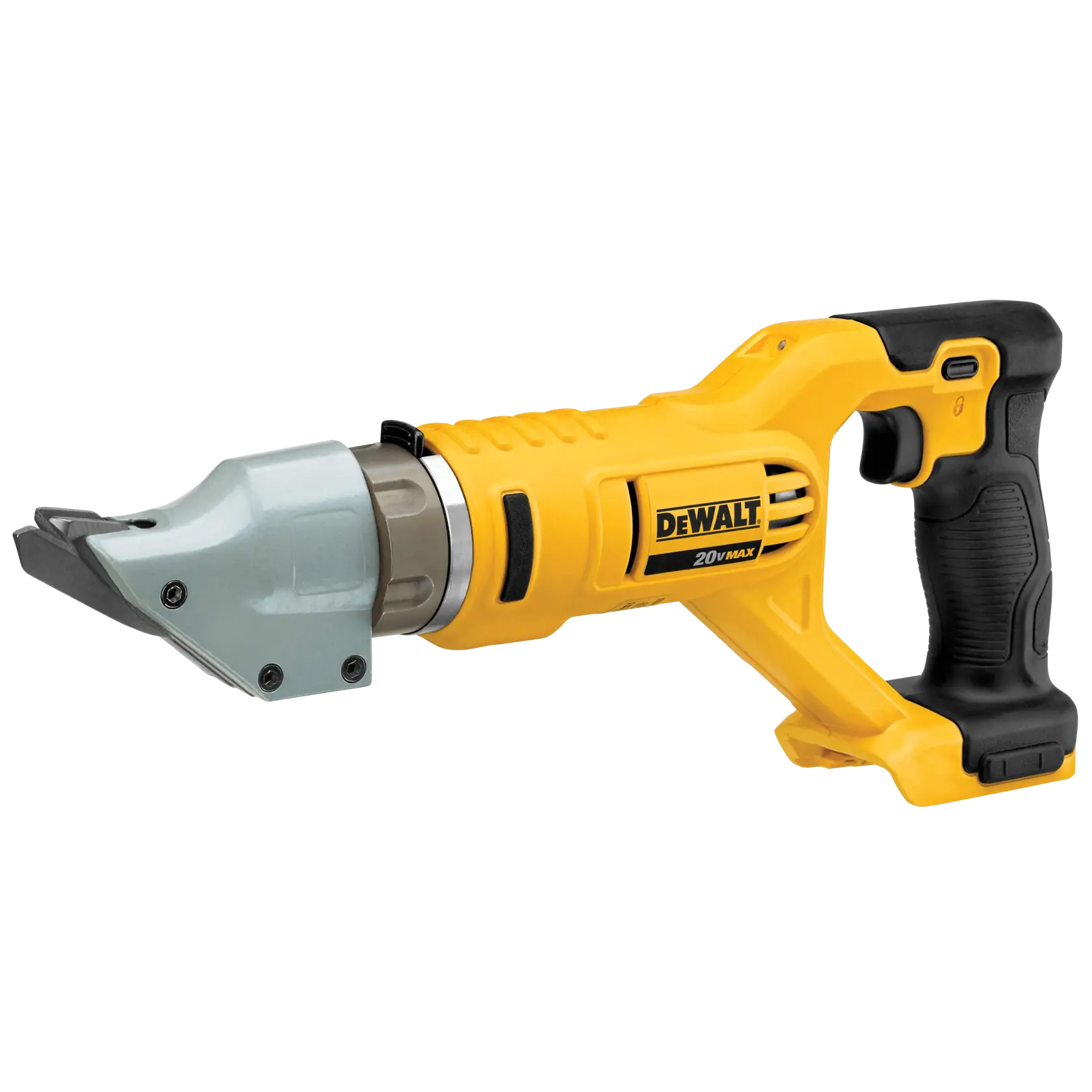 A cordless DEWALT metal shear tool with a yellow and black handle, designed for cutting sheet metal. The tool is battery powered and features a robust cutting head.