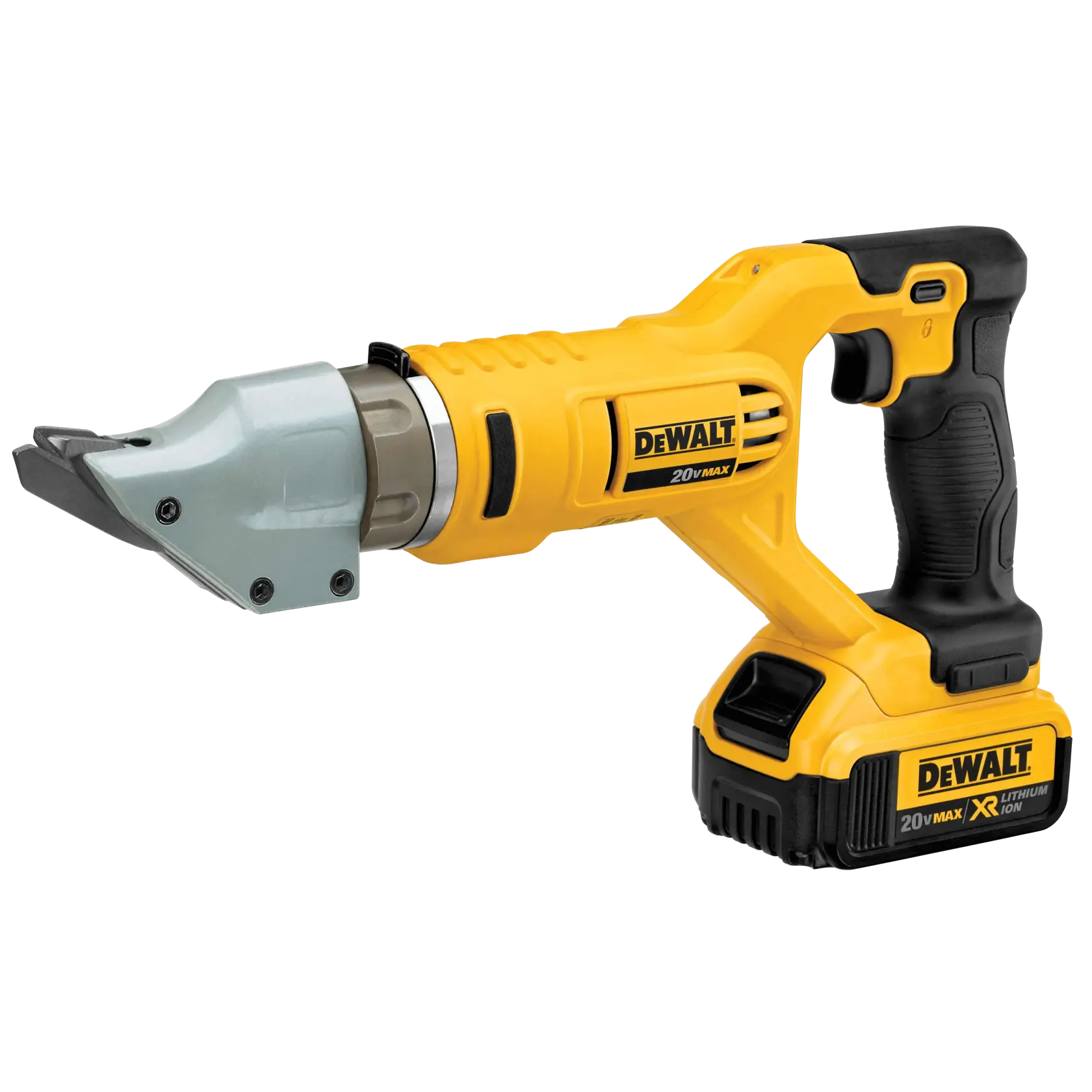 A DEWALT 20V Max cordless metal shear tool with a yellow and black ergonomic handle, lithium-ion battery, and a cutting head suitable for sheet metal.