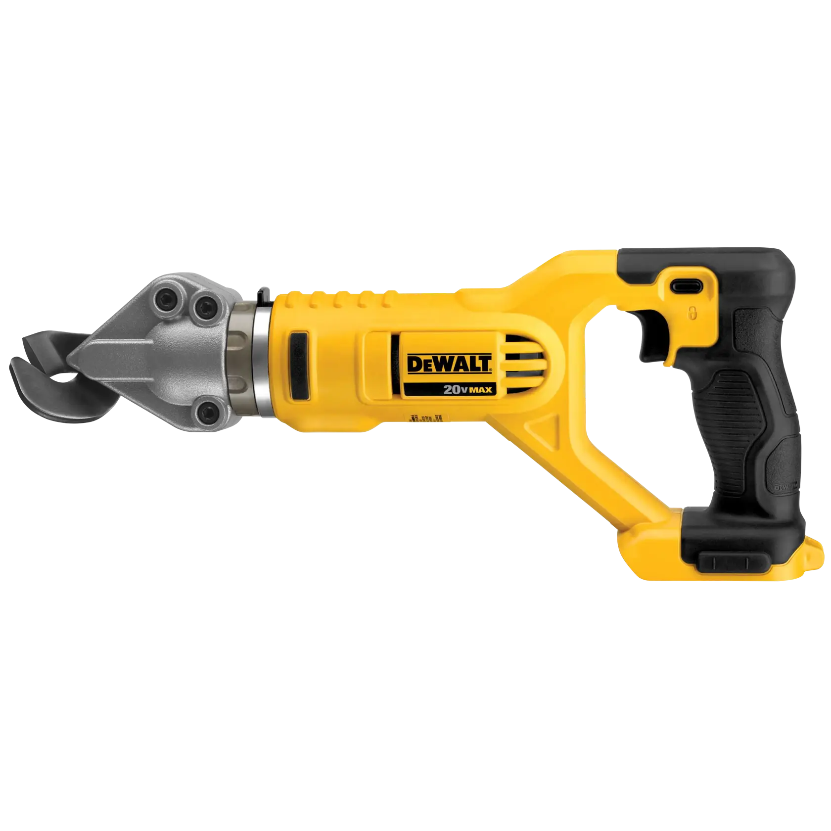 A yellow and black DEWALT 20V Max cordless metal shear tool with ergonomic handle, shown against a white background.