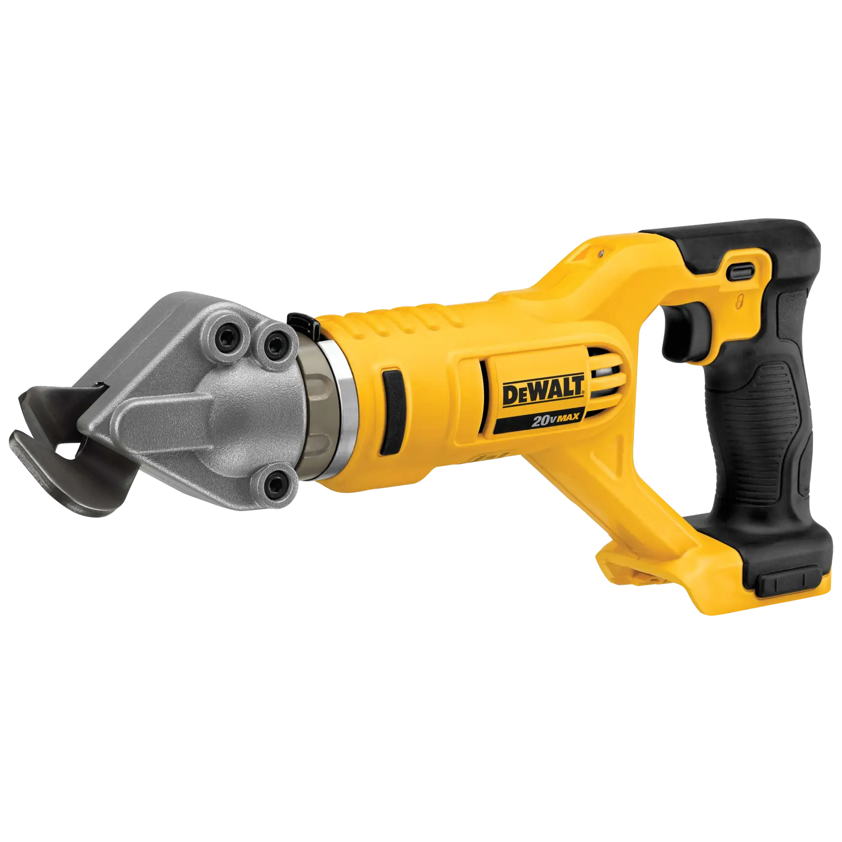 A DEWALT cordless electric metal shear with a yellow and black ergonomic handle and a silver cutting head, suitable for cutting sheet metal.