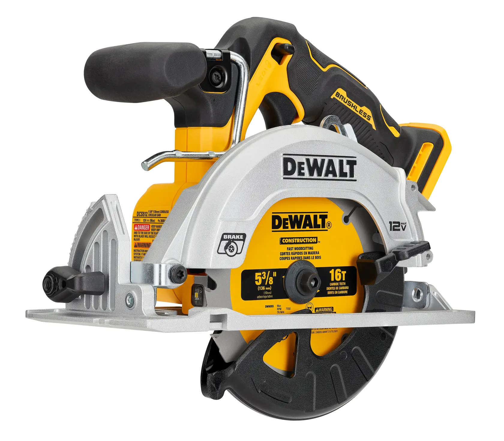 A DEWALT 12V cordless circular saw with a black and yellow design, featuring a brushless motor and ergonomic handle. The blade guard and saw blade are visible, as well as the product labeling indicating construction use.