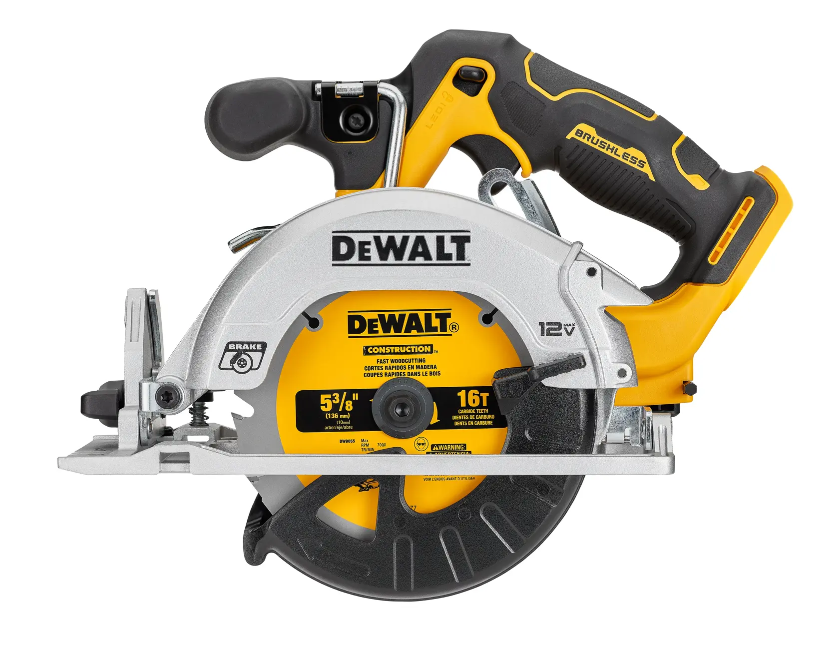 A DEWALT brushless 12V cordless circular saw with a 5-3/8 inch blade, shown from the side. The saw is yellow and black with silver metallic parts, and features a labeled blade guard and ergonomic handle.