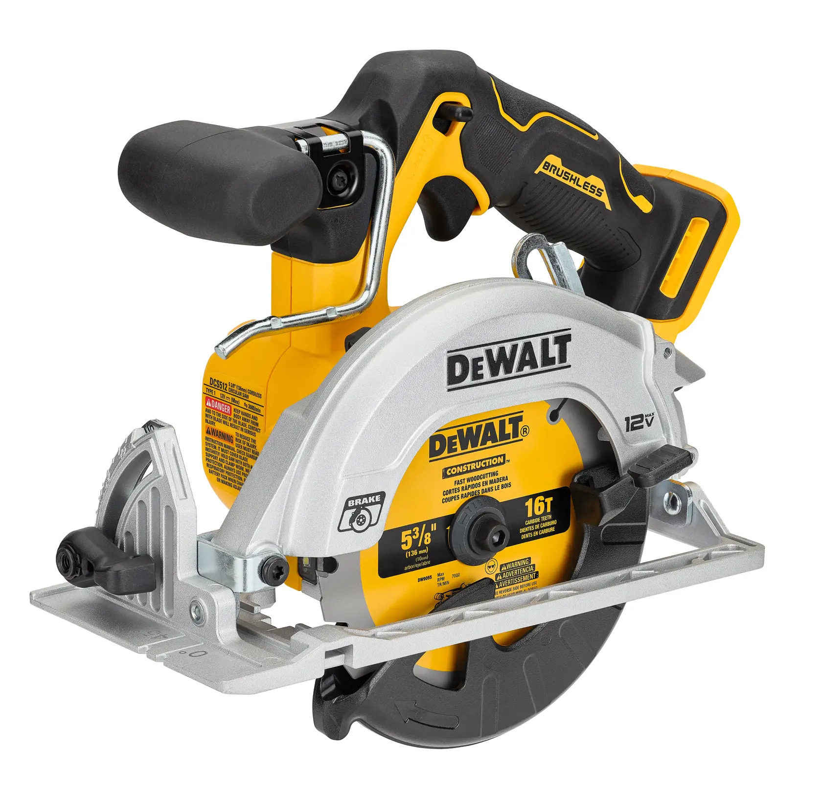 A DEWALT 12V cordless brushless circular saw with a yellow and black handle and metallic blade guard, designed for construction and woodworking projects.