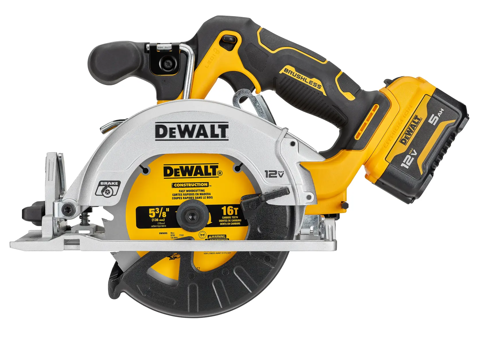 A DEWALT 12V cordless circular saw with a brushless motor, featuring a yellow and black design, a 5.0Ah battery pack, and labeled for construction use.