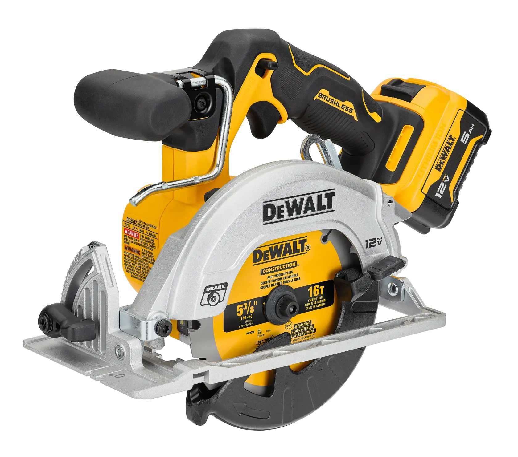 A DEWALT cordless circular saw with brushless motor, featuring a 12V battery, ergonomic handle, and a 5-3/8 inch blade. The tool is yellow and black with construction-grade labeling.