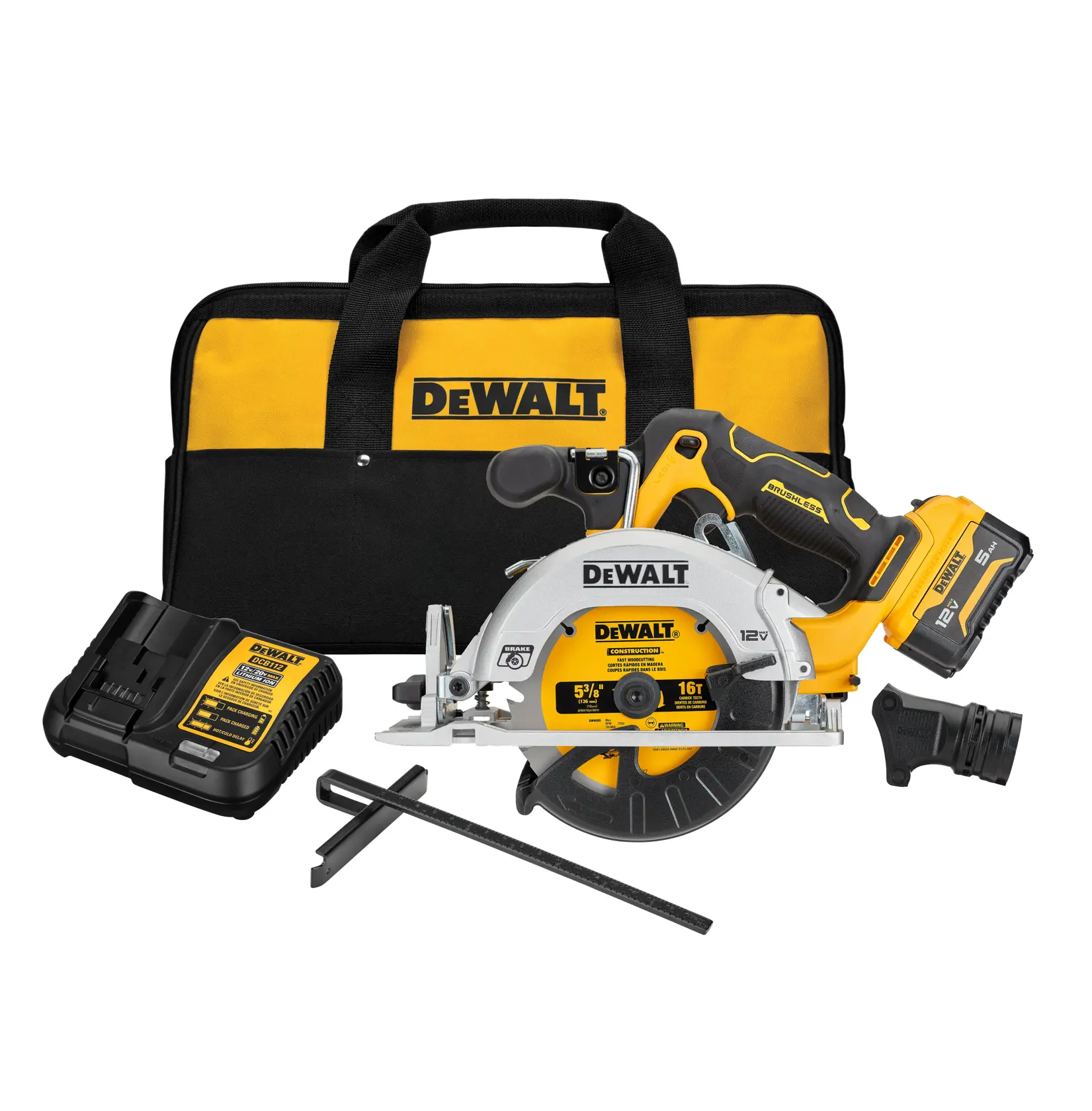 A DEWALT 12V cordless circular saw kit. Includes a yellow and black circular saw with battery, charger, carrying bag, guide, and additional accessories. All items feature DEWALT branding.