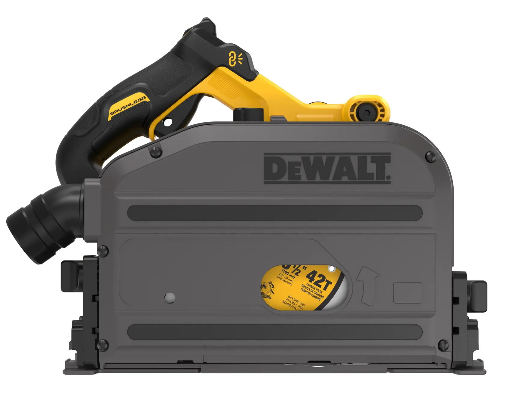 Side view of a DEWALT cordless track saw with a black and yellow handle and a grey body. The DEWALT logo is prominently displayed on the side.