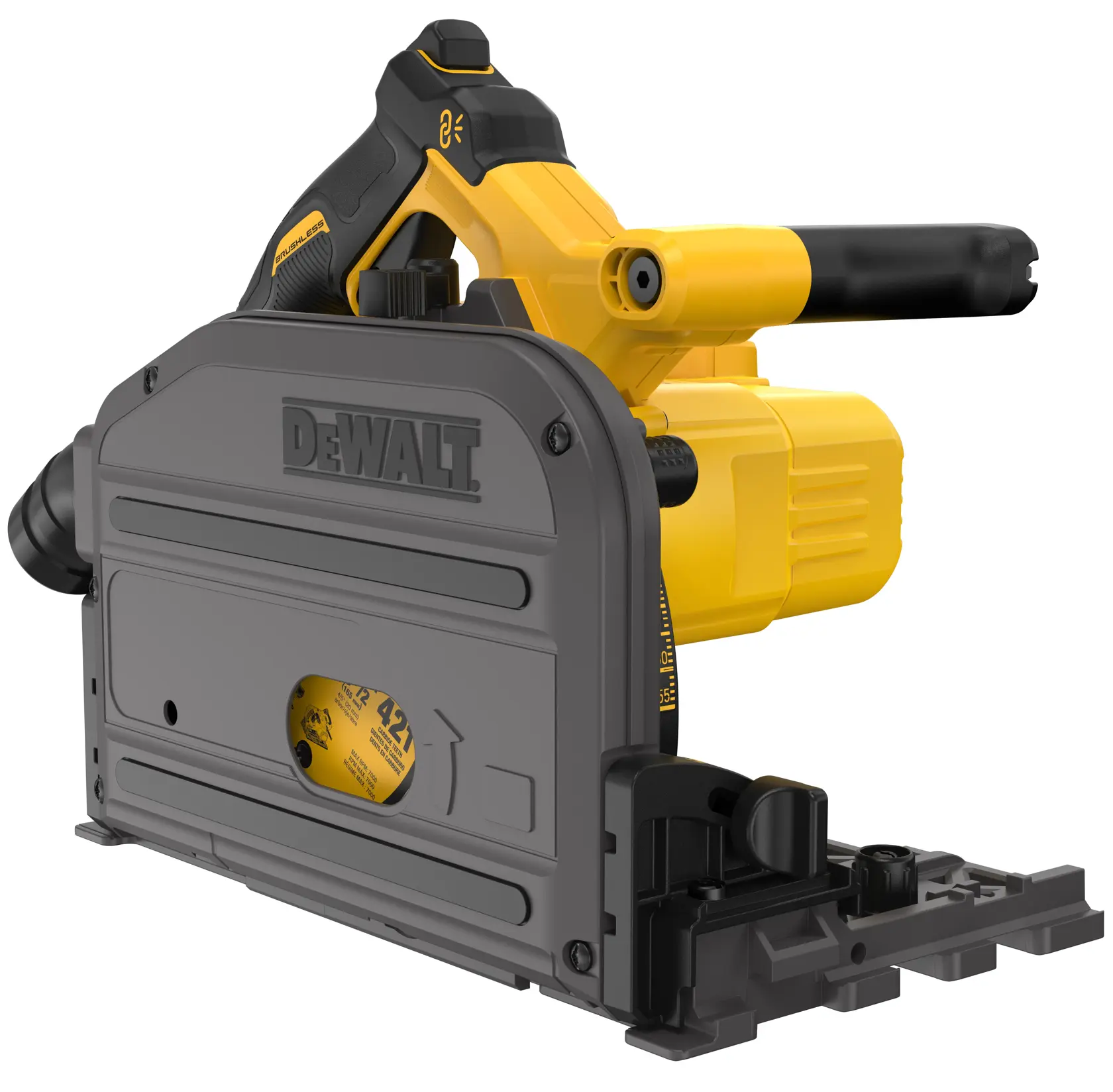 DEWALT DCS520B cordless track saw with a gray and yellow body, featuring a handle and blade guard, designed for precise wood cutting.