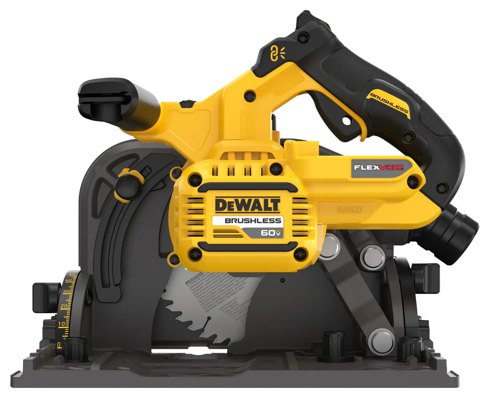A DEWALT DCS520B 60V brushless circular track saw in yellow and black, shown from the side. The tool has a visible blade, ergonomic handle, and FlexVolt branding.