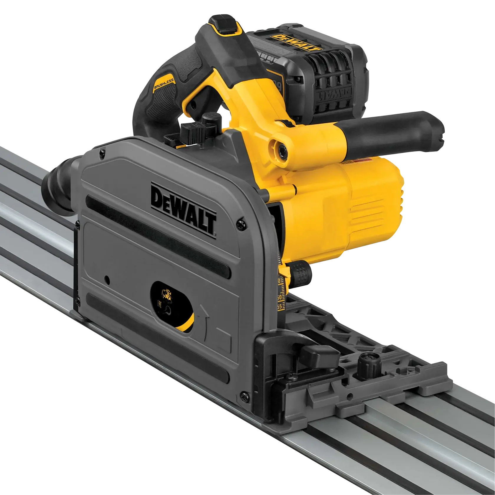 A DEWALT cordless track saw with a yellow and black design is placed on a metal guide rail. The saw is designed for precise straight cuts in woodworking and features ergonomic handles and adjustment settings.