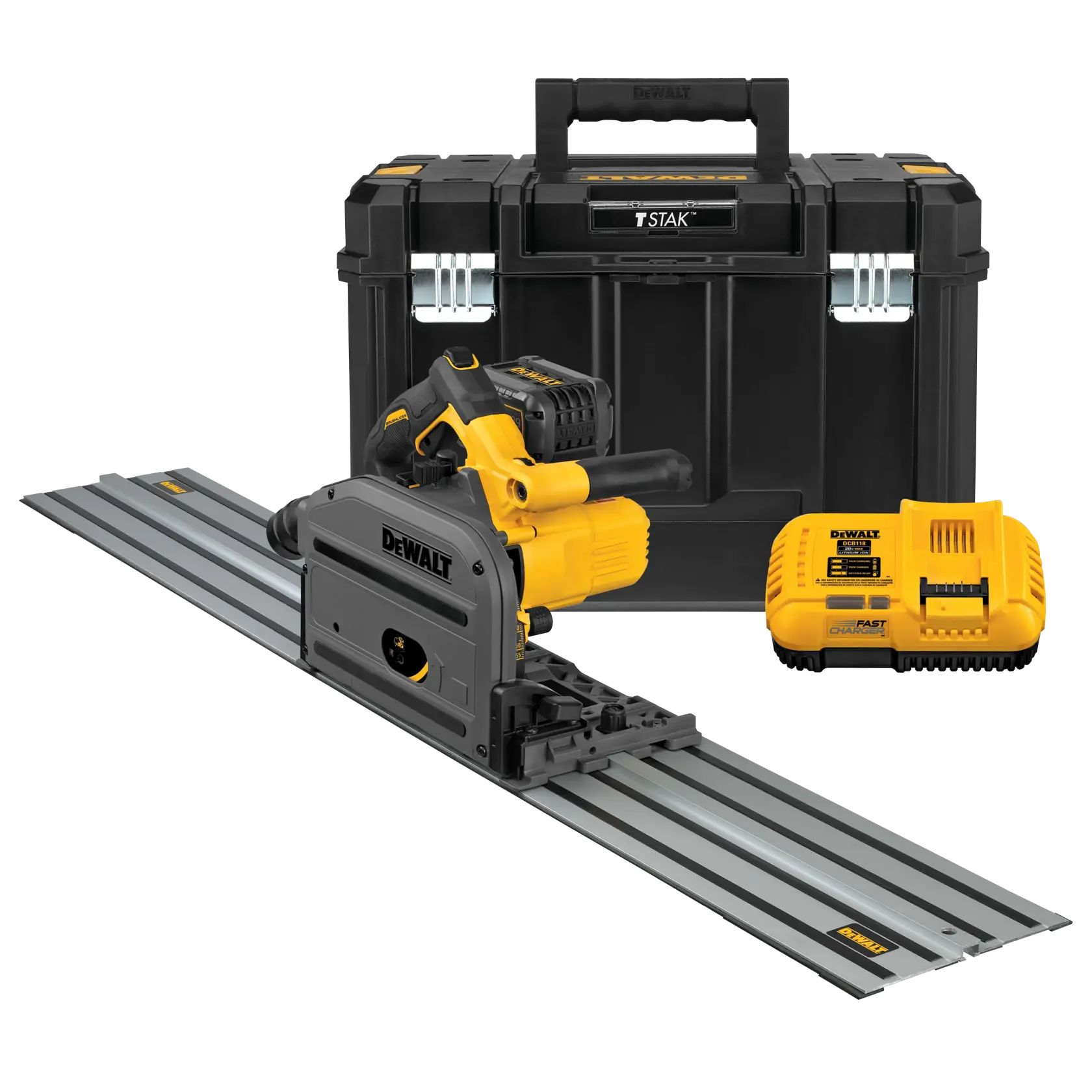 A DEWALT track saw kit displayed, including a cordless track saw, a metal guide rail, a yellow battery charger, and a black hard carrying case.