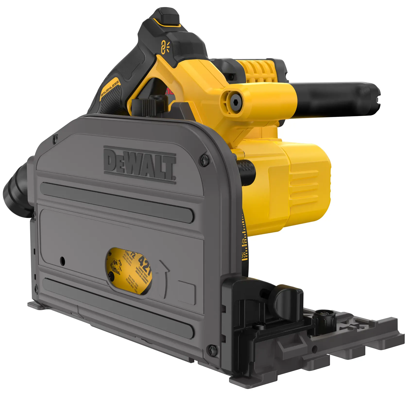 A DEWALT cordless track saw with a gray and yellow design, featuring a black handle, the DEWALT logo on the side, and a visible circular saw blade partially enclosed within the protective casing.