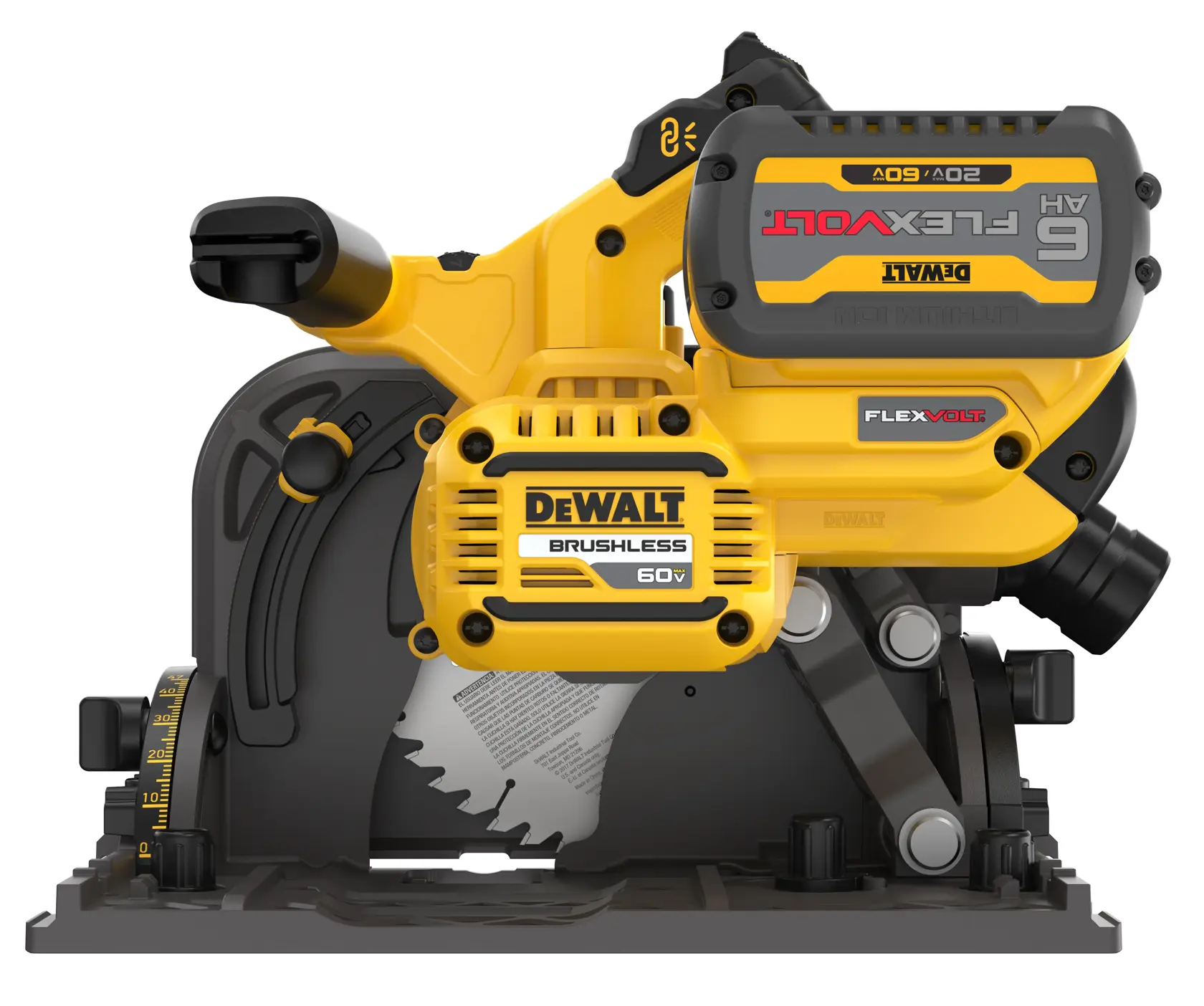 A DEWALT DCS520T1 cordless brushless 60V track saw with a FLEXVOLT 6Ah lithium-ion battery. The saw is predominantly yellow and black and features a blade guard and adjustment gauges.