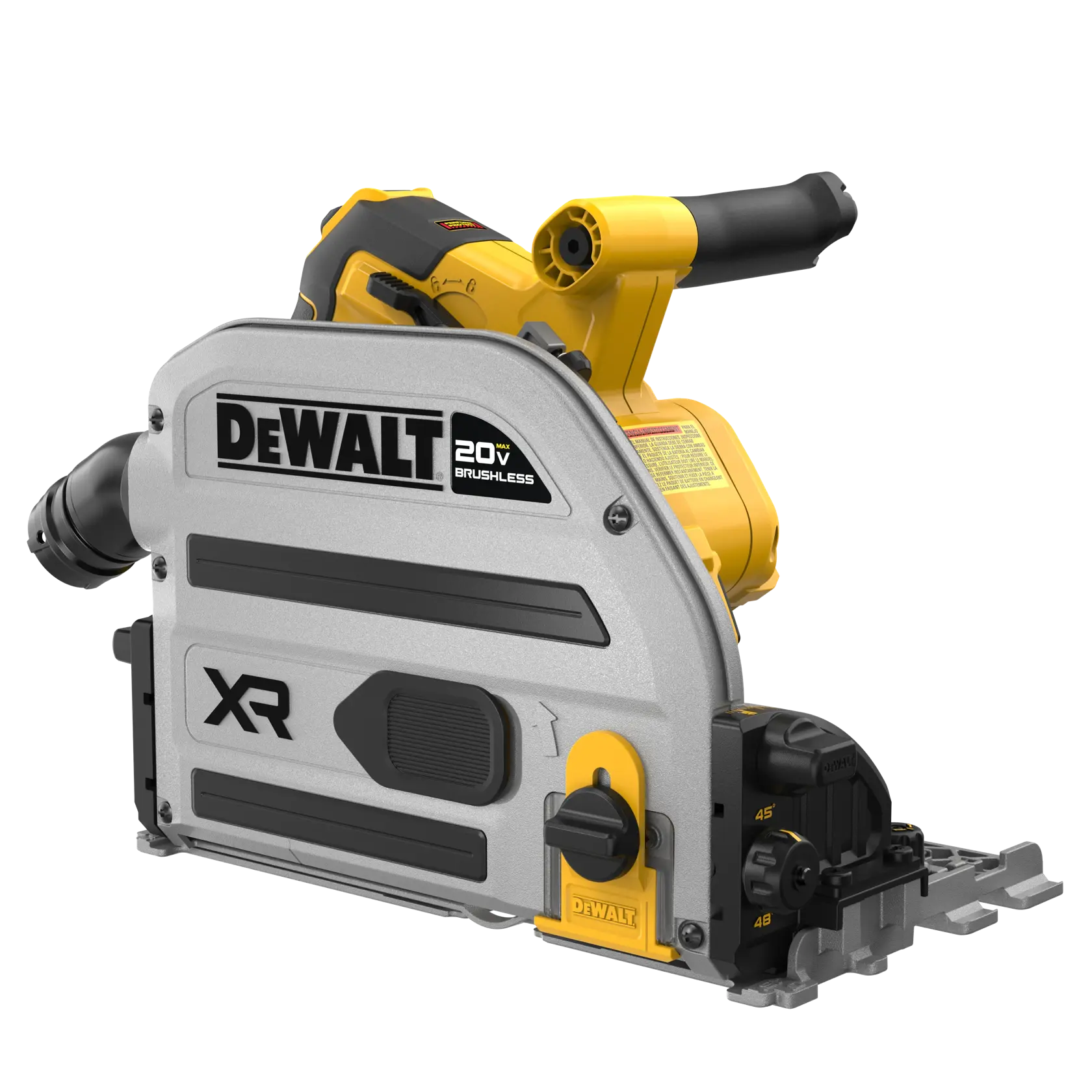 Scie sur rail sans fil DEWALT XR 20V, modèle DCS525B, design argent et jaune.