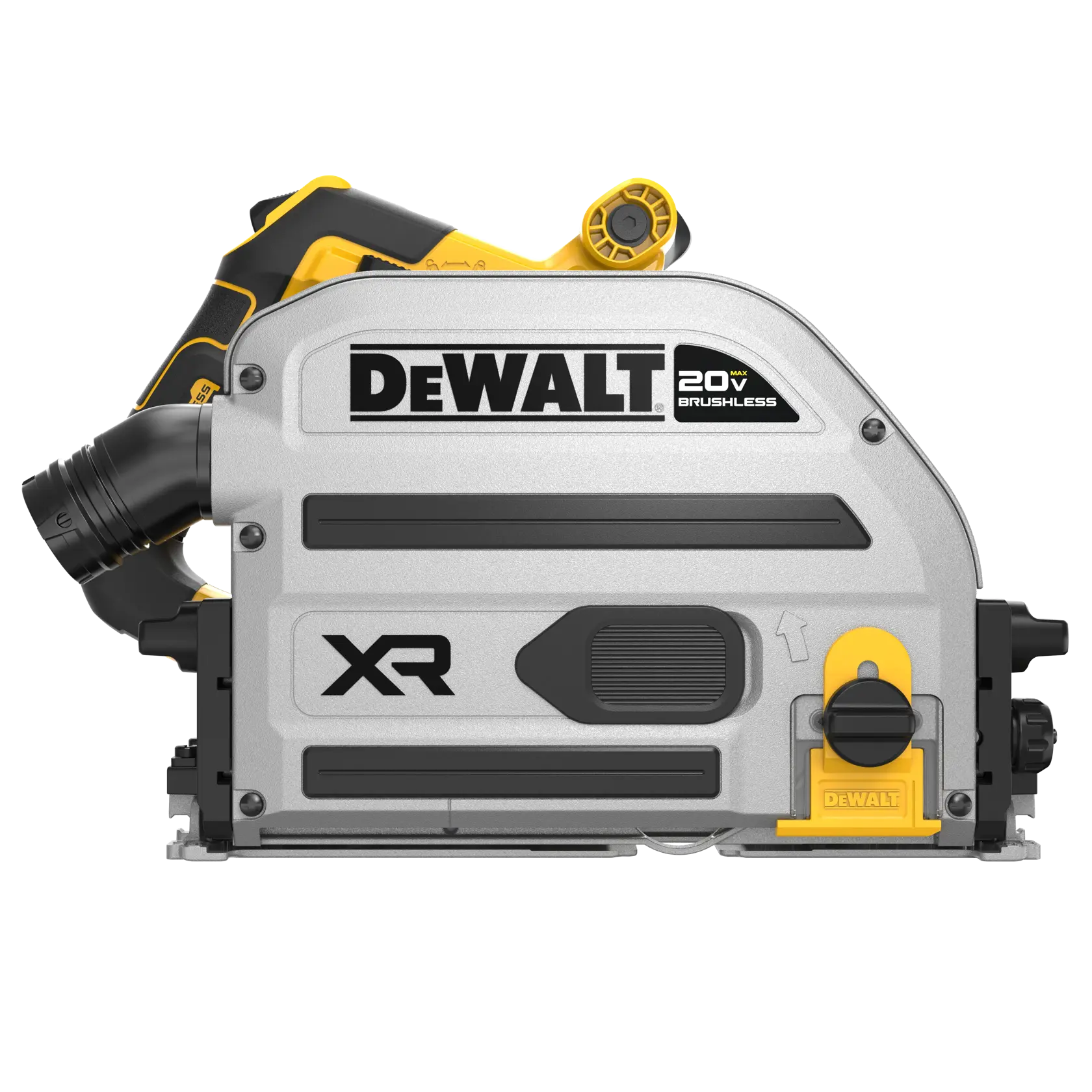 Scie sur rail sans fil DEWALT 20V, modèle DCS525B, avec port à poussière, vue latérale.