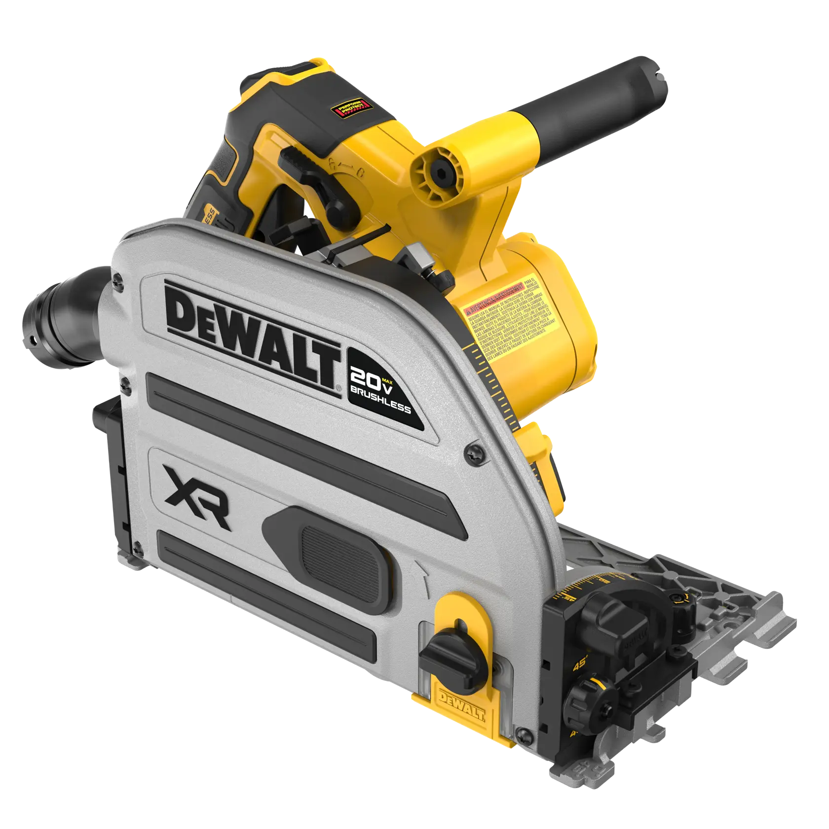 Image montrant une scie plongeante sur rail DEWALT 20V MAX XR brushless avec accessoires. Les articles inclus sont : scie plongeante sur rail DCS525 20V MAX XR, lame de finition DWA261248TS 48T, clé double face intégrée, protège-éclats droit et sac à poussière.