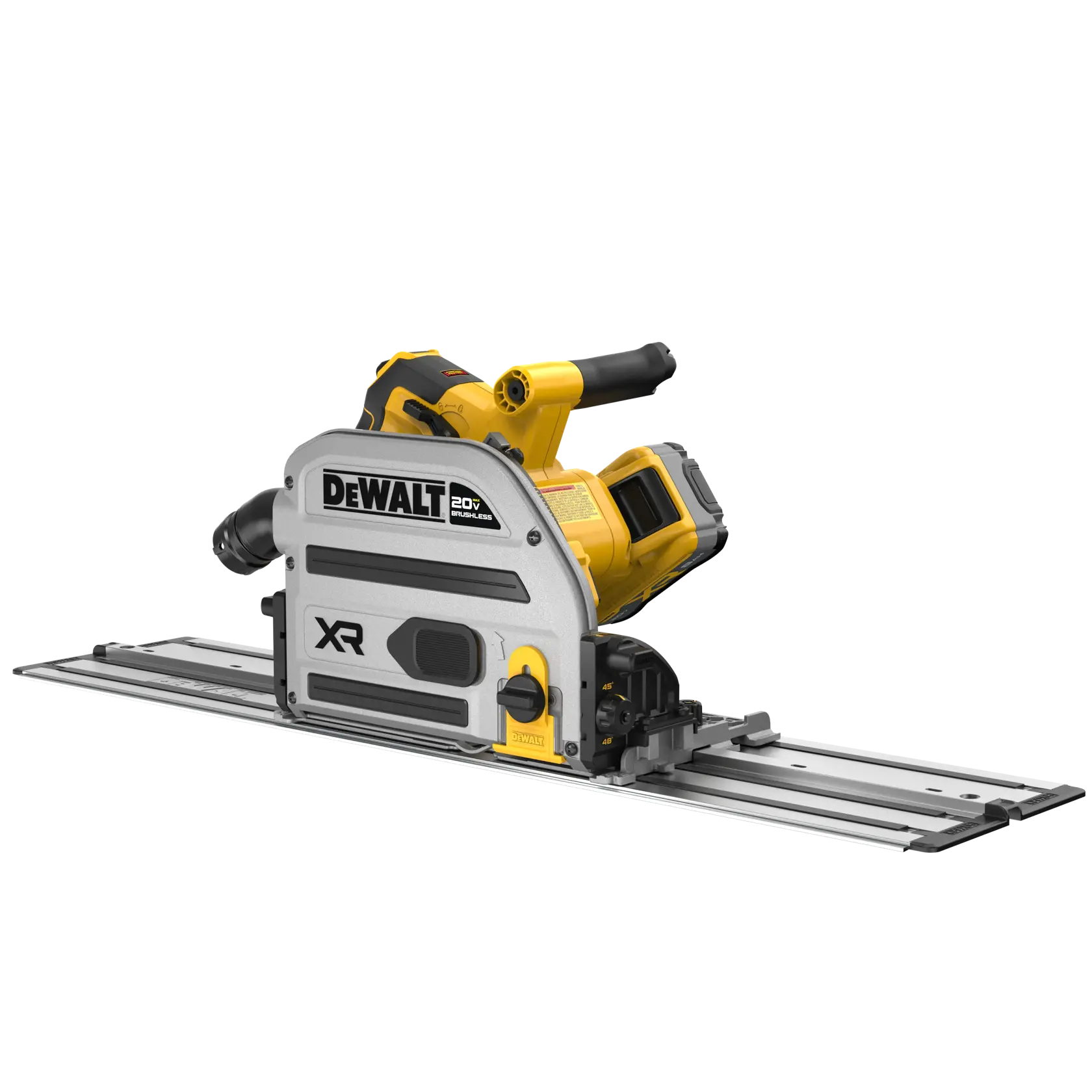 Image du produit montrant le contenu d'un kit DEWALT. Le kit comprend une scie plongeante sur rail DCS525 20V MAX XR de 165 mm, une batterie DCB2108 20V MAX XR 8AH, un chargeur rapide DCB1106 12V MAX/20V MAX/FLEXVOLT 6 ampères, une lame de finition fine DWA261248TS à 48 dents, et un sac de kit DEWALT. Les accessoires inclus sont deux rails de scie plongeante de 762 mm, une tige de connexion de rail DWS5092, une clé double face intégrée, un protège-éclats droit, et un sac à poussière.