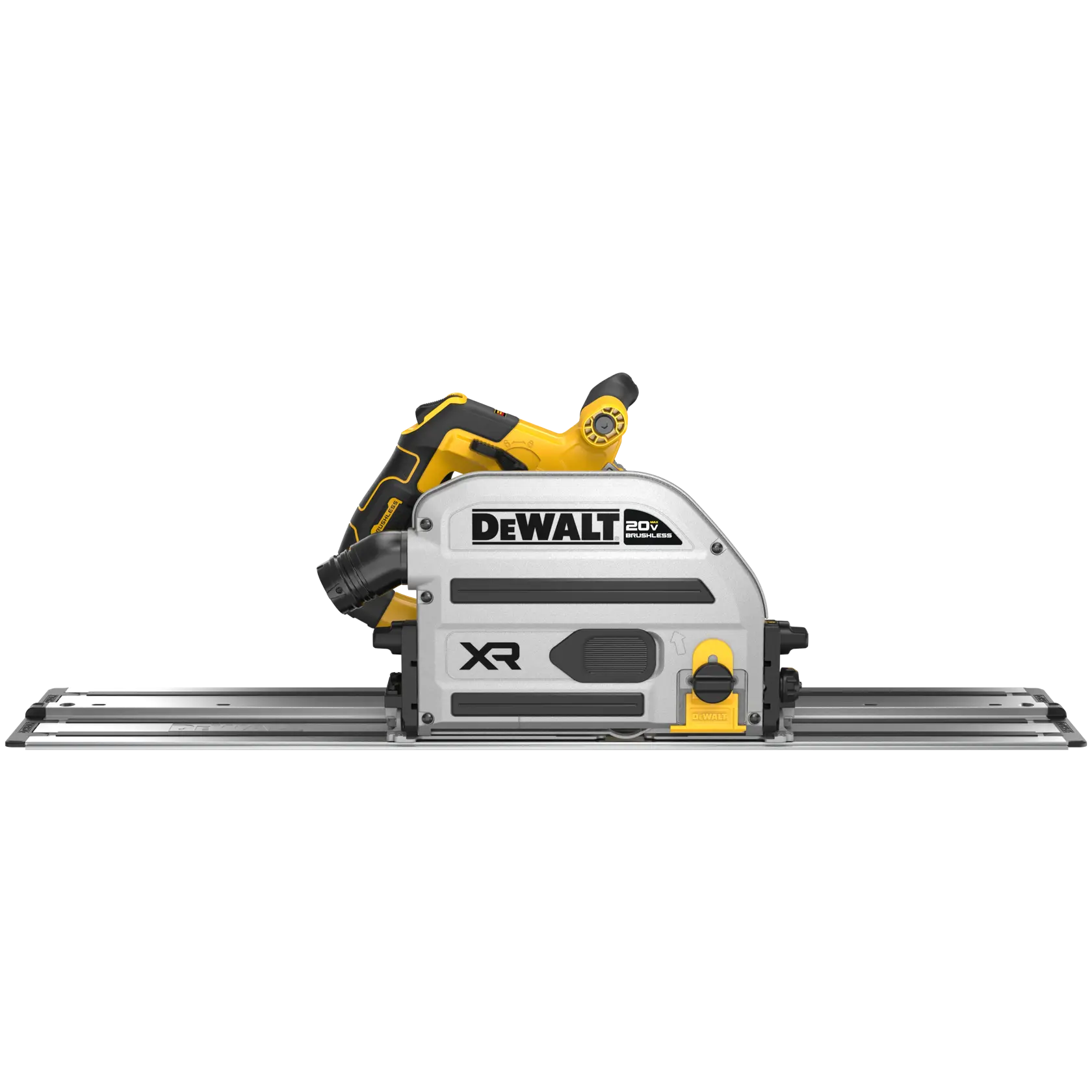 Graphique produit pour la scie à chaîne DEWALT 20V MAX XR Brushless. Les fonctionnalités mises en avant incluent : la capacité à minimiser le nettoyage en capturant jusqu'à 94 % de la poussière grâce au contrôle sans fil de l’outil, un frein antiretour pour la sécurité, un arrêt de coupe de marquage pour des coupes plus propres sans éclats, un réglage facile de la profondeur pour des changements rapides et précis, et une clé intégrée pour changer les lames et connecter les rails. L’image présente la scie avec ses caractéristiques et la marque DEWALT.