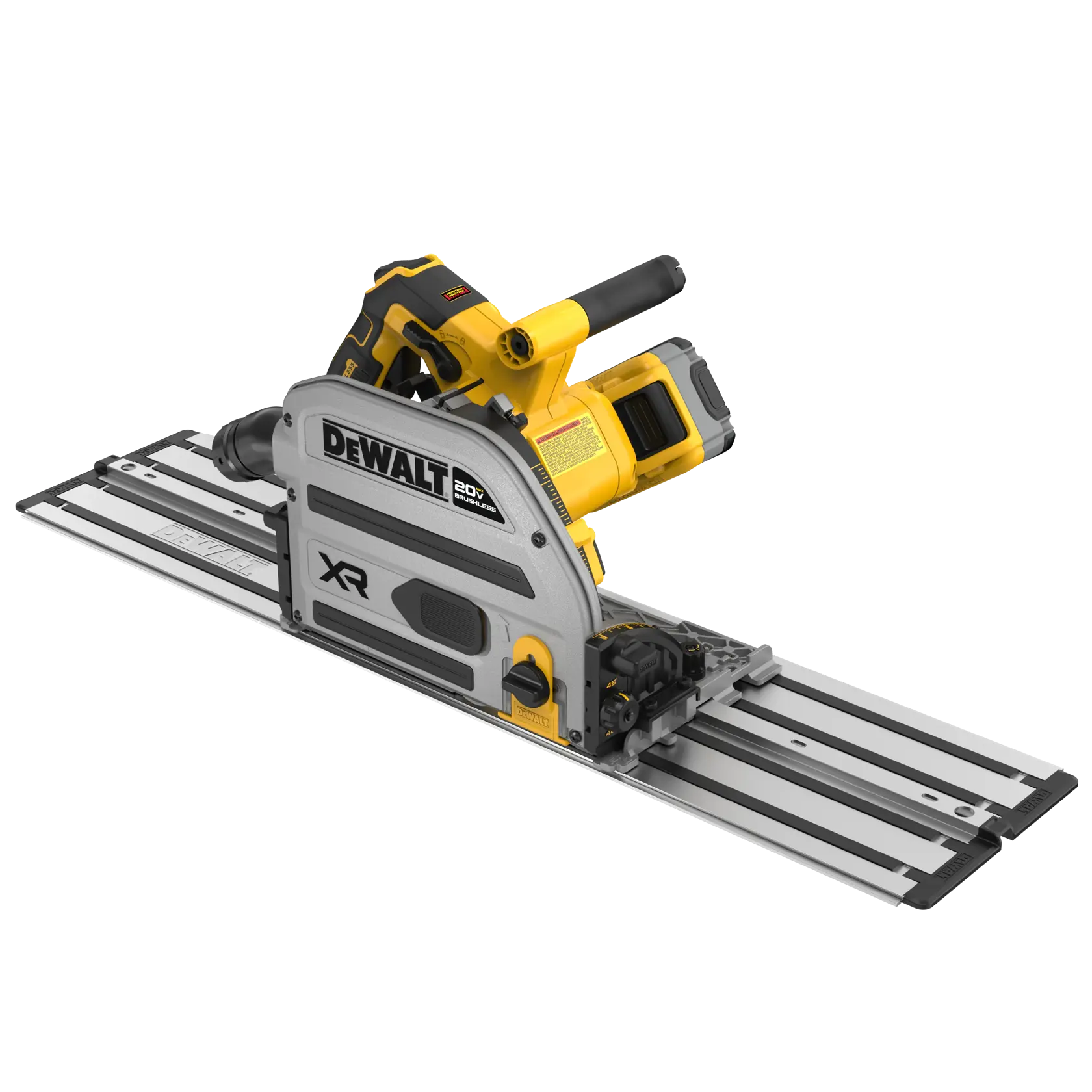Une personne utilise une scie circulaire DEWALT 20V XR avec un tuyau d'aspirateur attaché, coupant du bois dans un atelier intérieur. Le texte affiché indique : 'Offre plus de puissance avec un contrôle avancé par rapport au principal concurrent'.