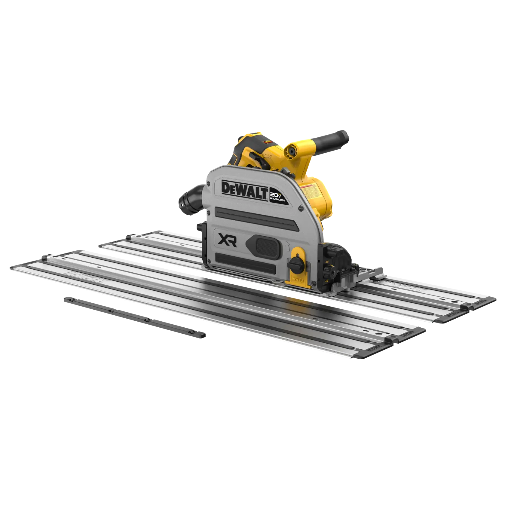 Une scie à rail sans fil DEWALT avec un boîtier jaune et noir, posée sur des rails de guidage en métal, utilisée pour des coupes précises de bois dans des projets de photographie ou de construction.