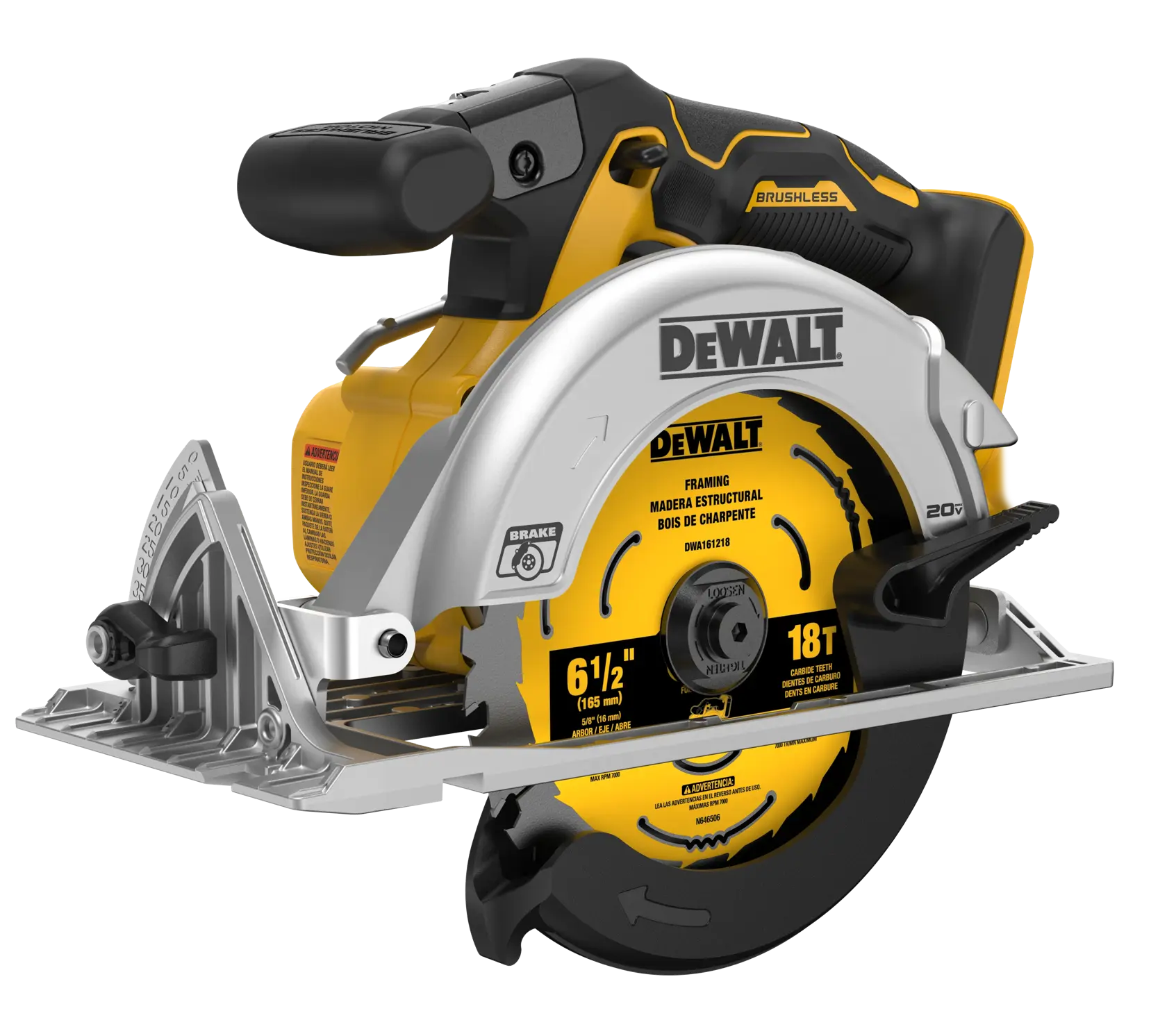A DEWALT DCS565B cordless circular saw with a yellow and black body, brushless motor, and a visible 6 1/2 inch blade, designed for framing and construction tasks.