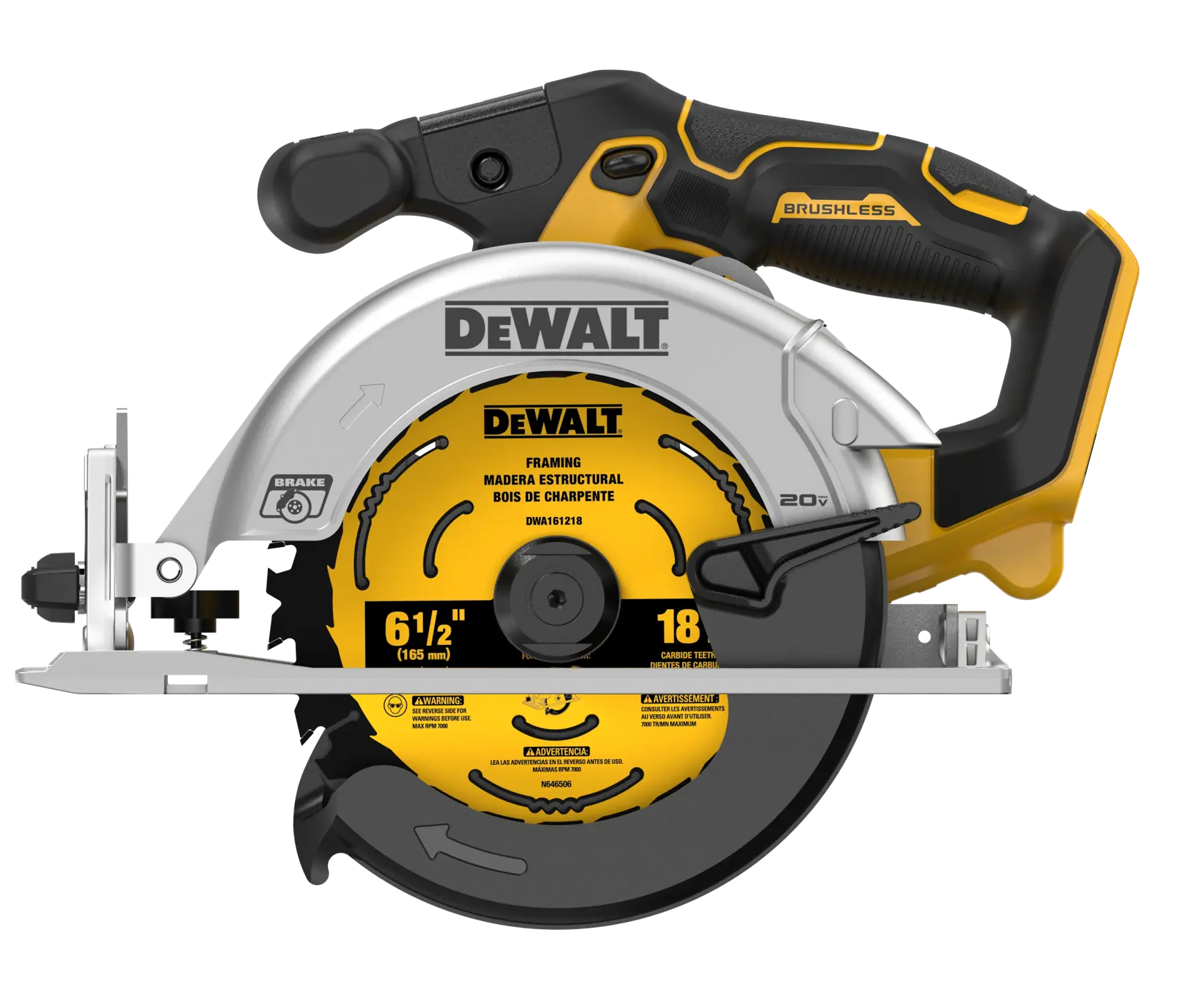 A DEWALT cordless circular saw with a yellow and black handle and a silver blade guard. The saw blade is marked with measurements and safety information.