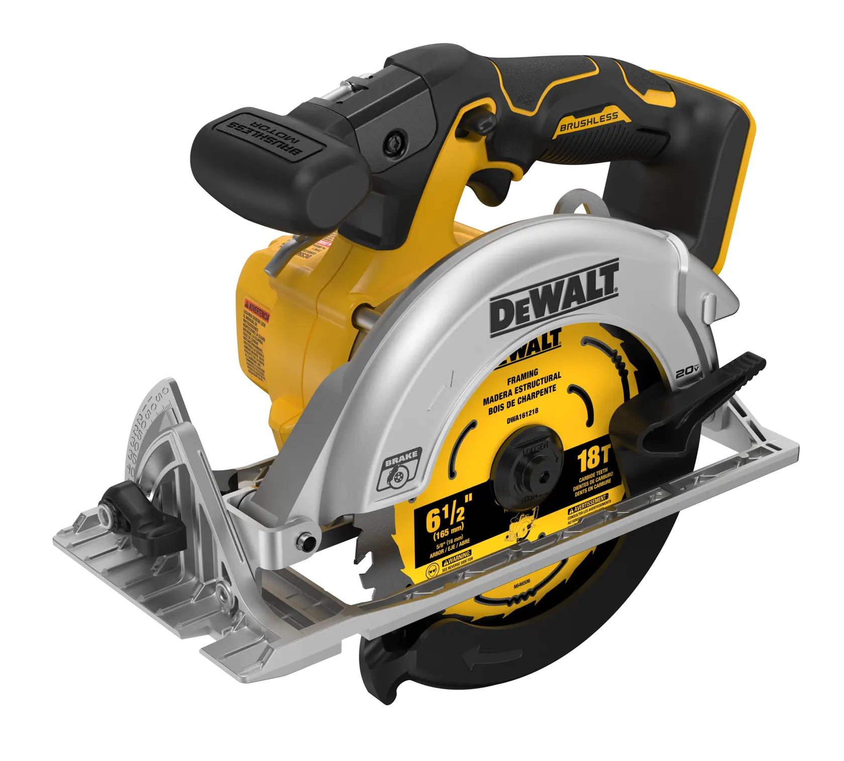 A DEWALT cordless circular saw with a brushless motor, yellow and black color scheme, and a 6 1/2 inch blade designed for framing and woodworking.