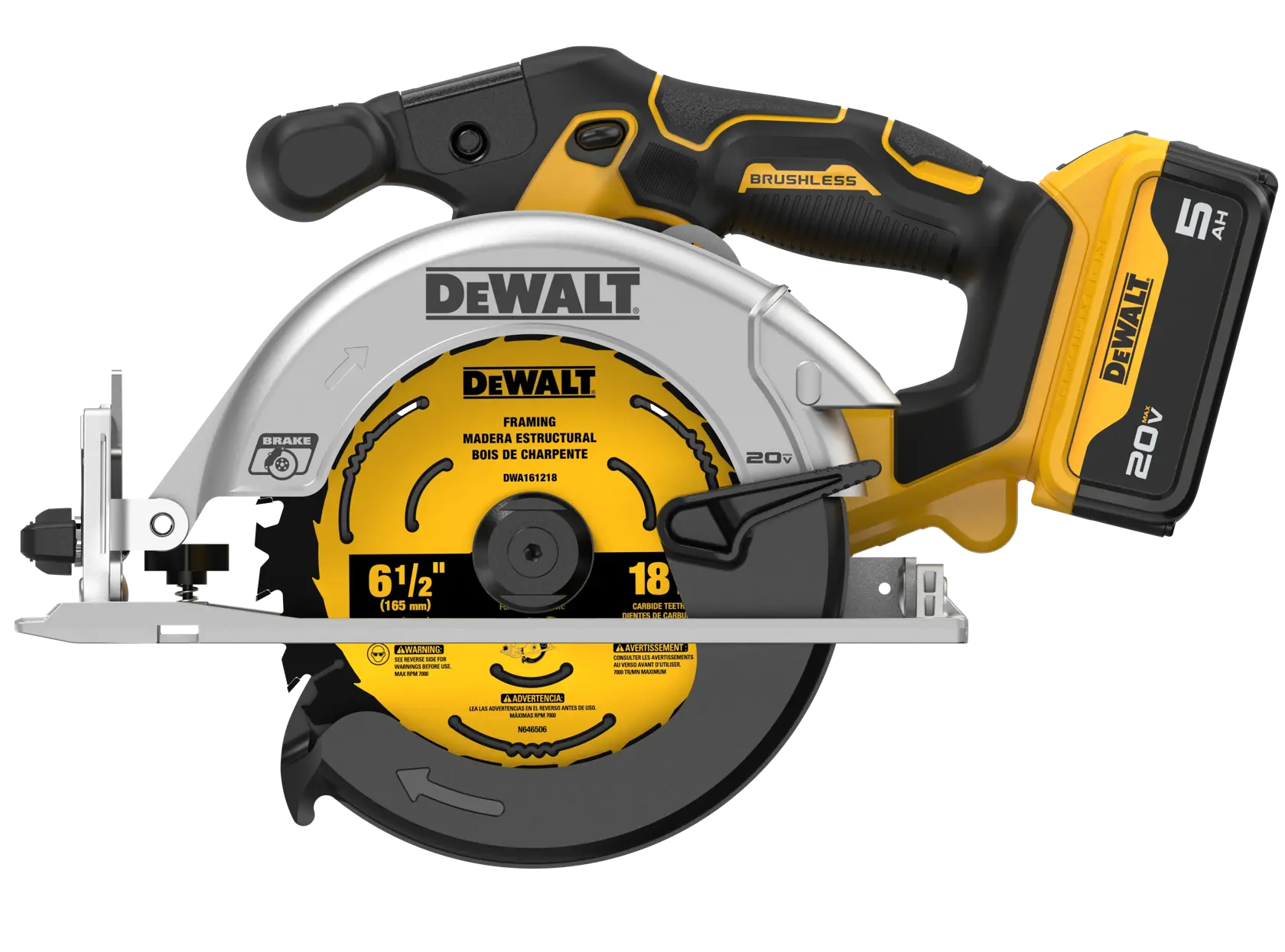 Cordless DEWALT circular saw with a 20V battery, featuring a brushless motor and a yellow and black ergonomic design.