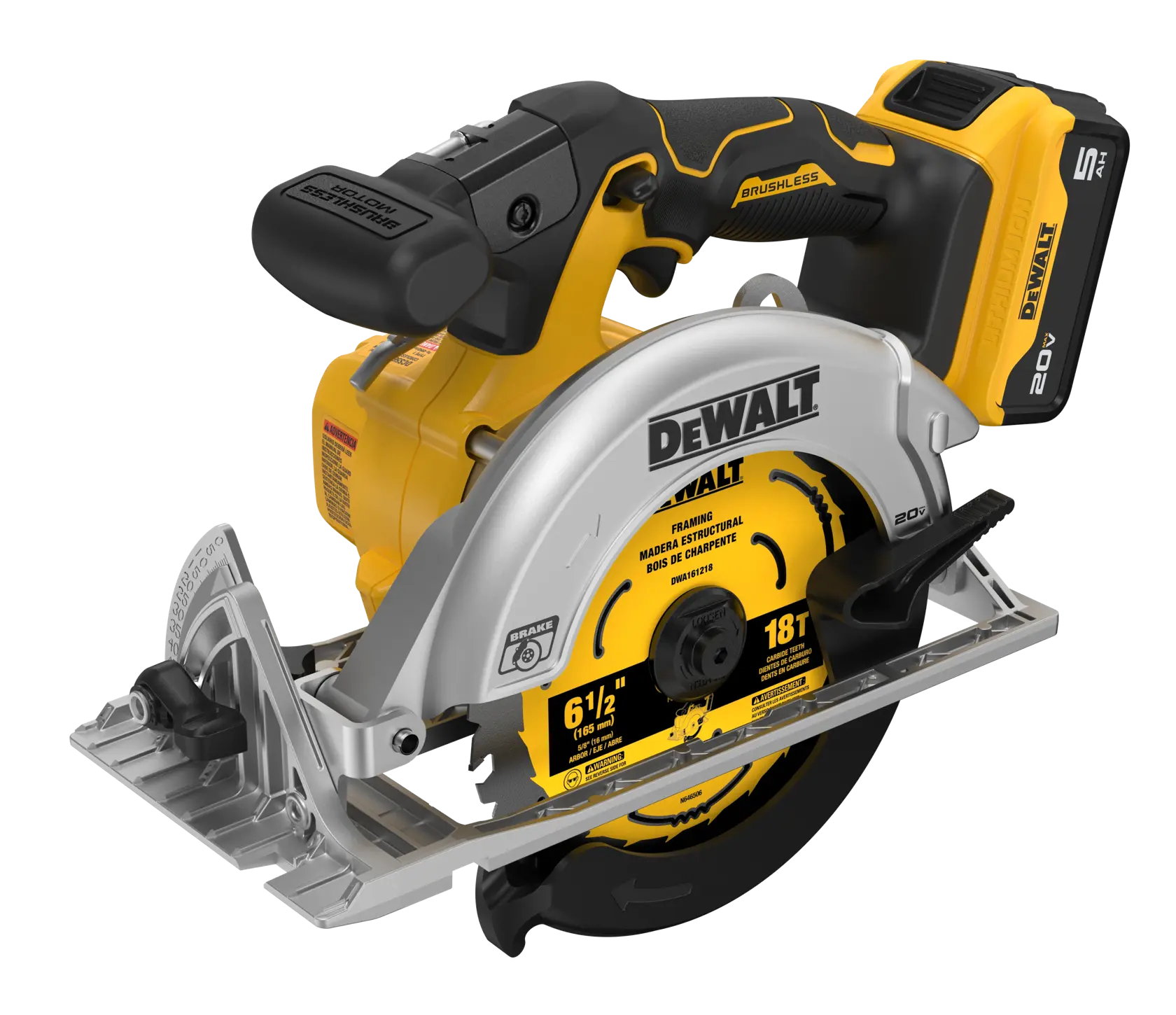 A DEWALT 20V cordless circular saw, featuring a yellow and black brushless motor, with a visible blade and battery attached.