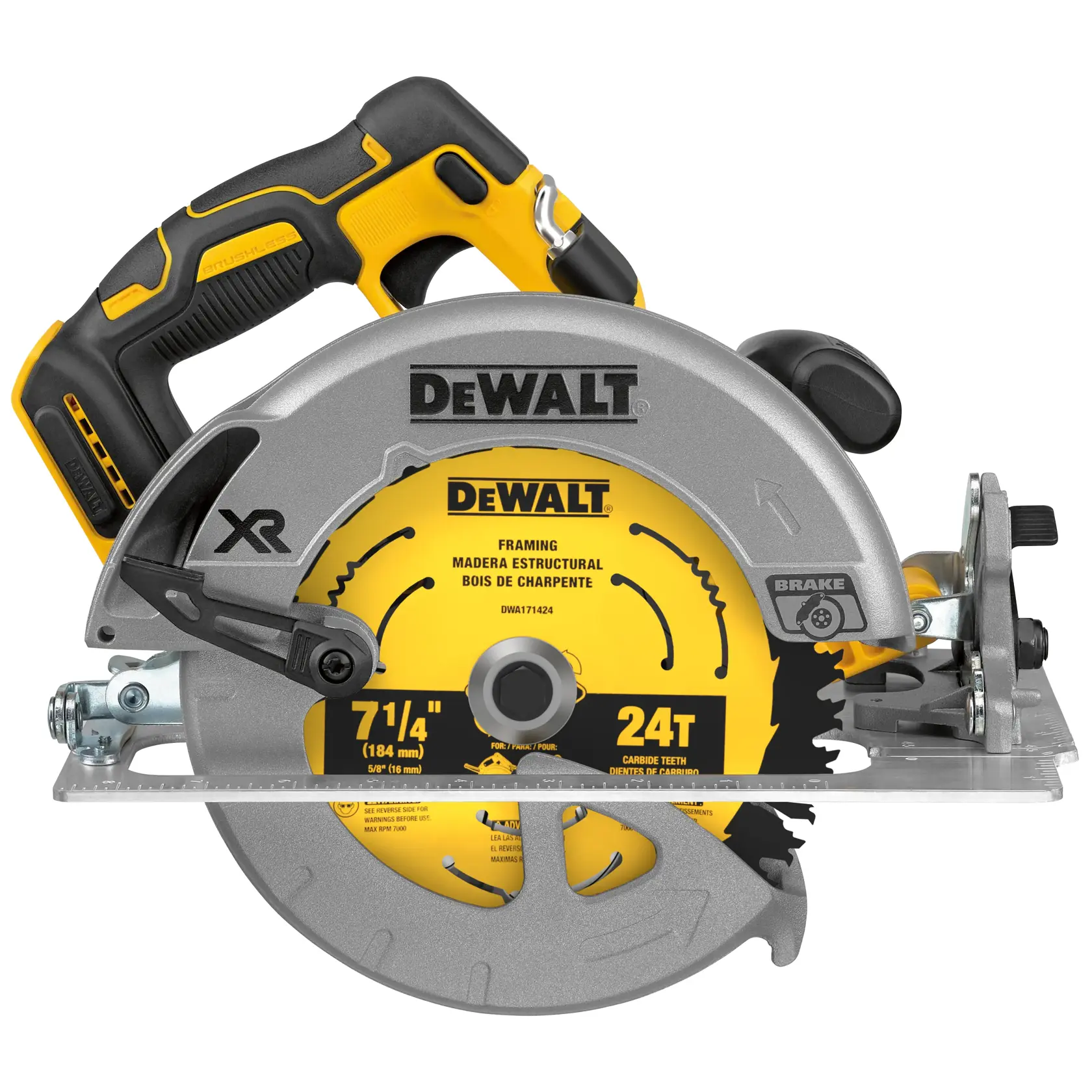 A DEWALT cordless circular saw with a yellow and black handle, marked XR, and a visible 7-1/4 inch 24T framing blade. The product model is DCS570B.
