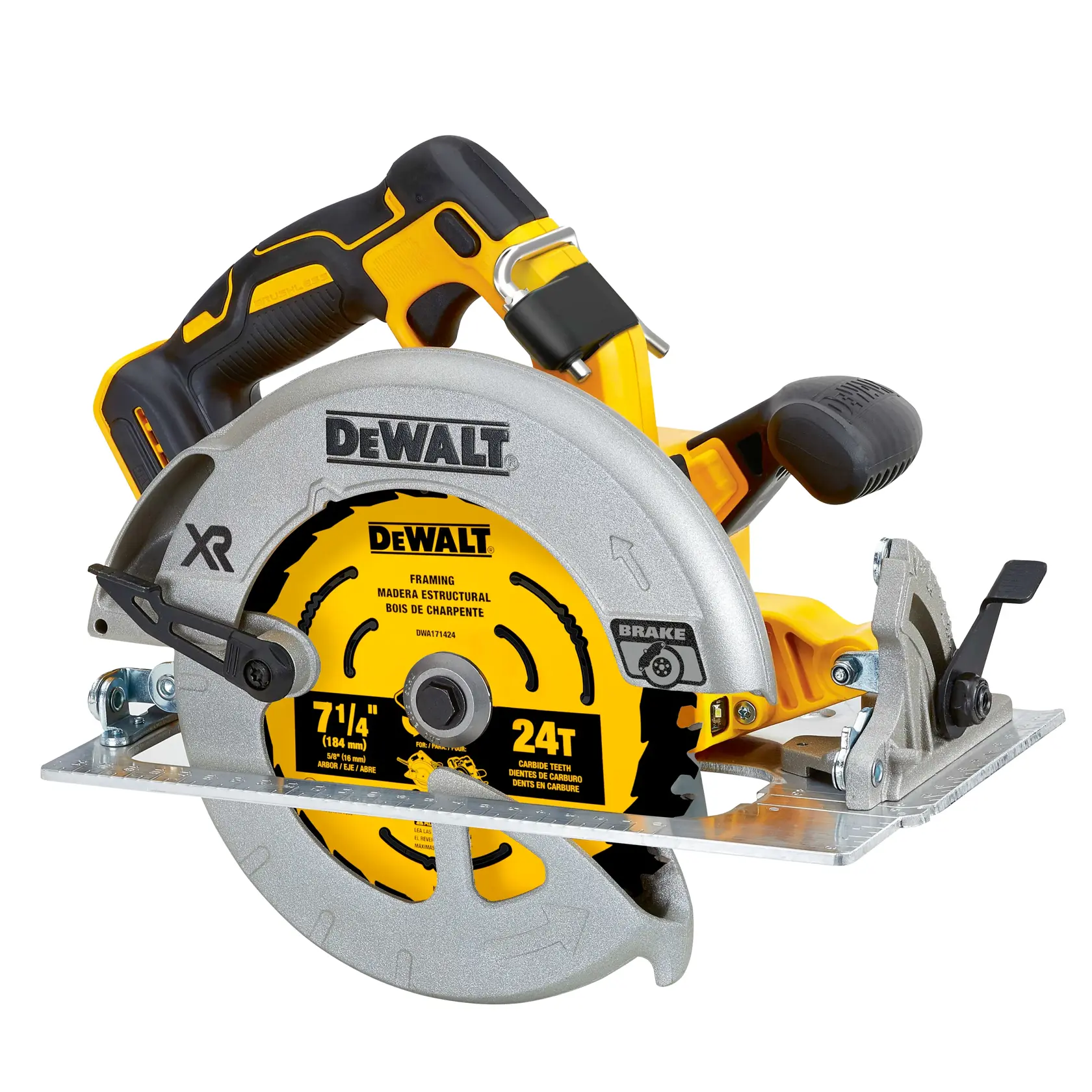 A DEWALT cordless circular saw with a yellow and black handle, featuring a 7-1/4 inch carbide-tipped blade and labeled as model DCS570B.