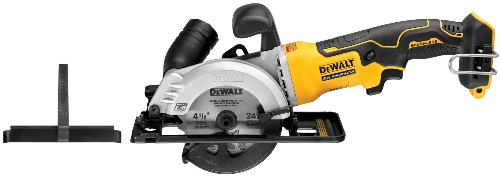 A DEWALT cordless circular saw with a yellow and black handle, silver blade guard, and an accessory attachment placed on the left side. The saw model is DCS571B.