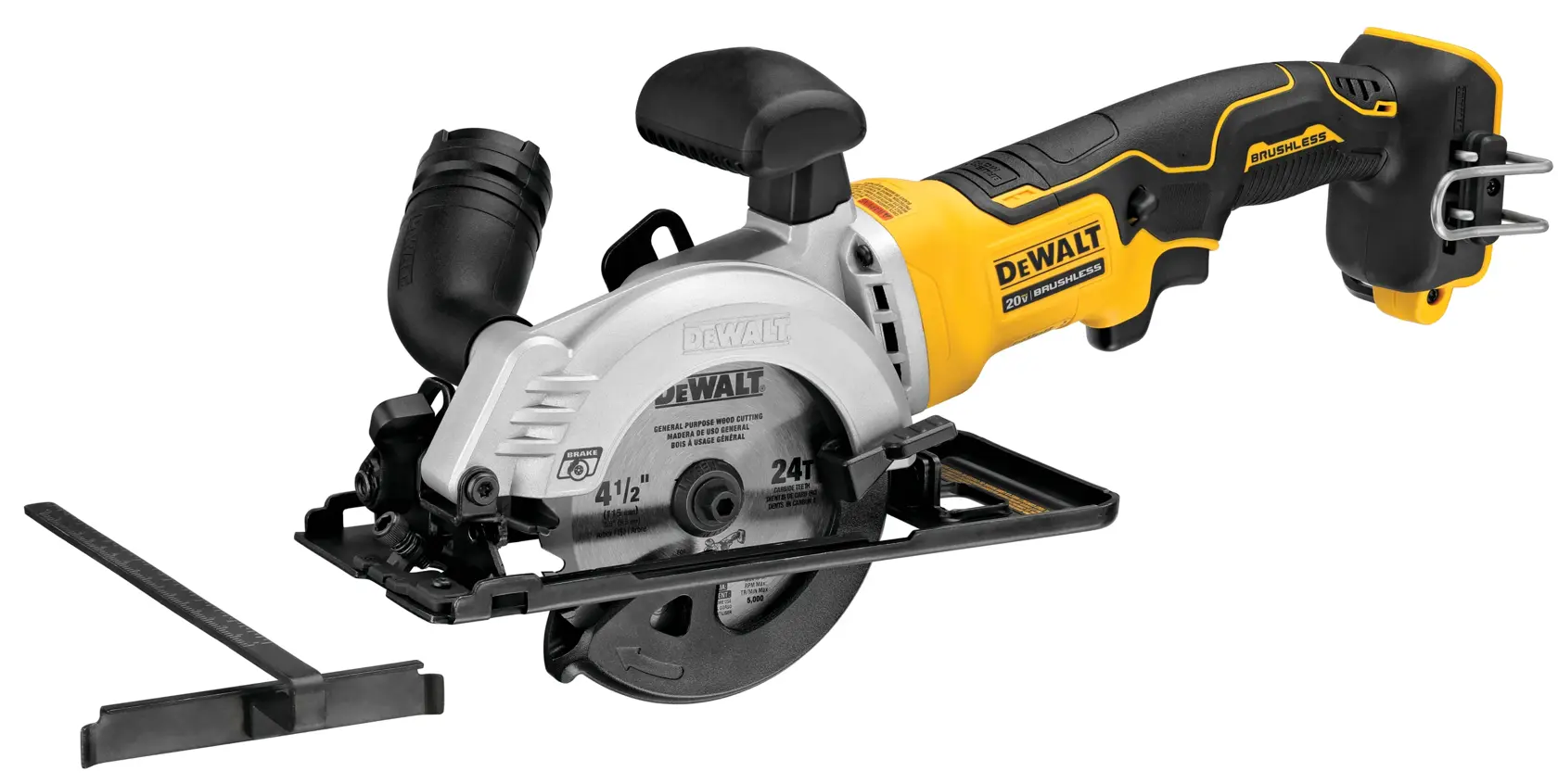 A DEWALT cordless circular saw with a yellow and black handle, featuring a 4-1/2 inch blade and an adjustable guide, shown from a side angle.
