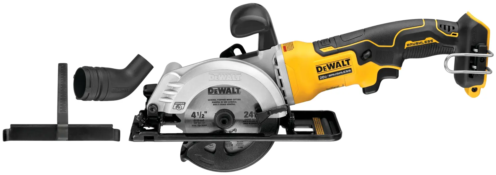 DEWALT cordless circular saw with brushless motor, shown with a yellow and black handle and included accessories such as a guide and dust port adapter, SKU DCS571B.