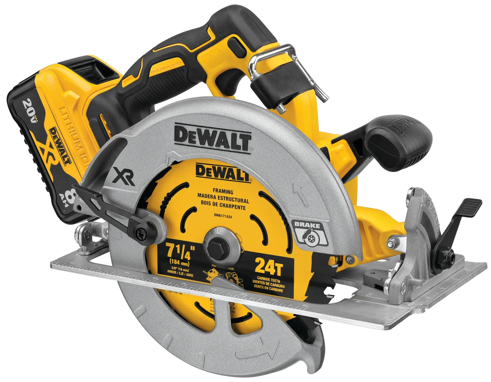 DEWALT cordless circular saw, model DCS574W1, featuring a yellow and black design with a 7-1/4 inch blade and 24 carbide teeth. The saw has a lithium-ion battery and ergonomic handle.
