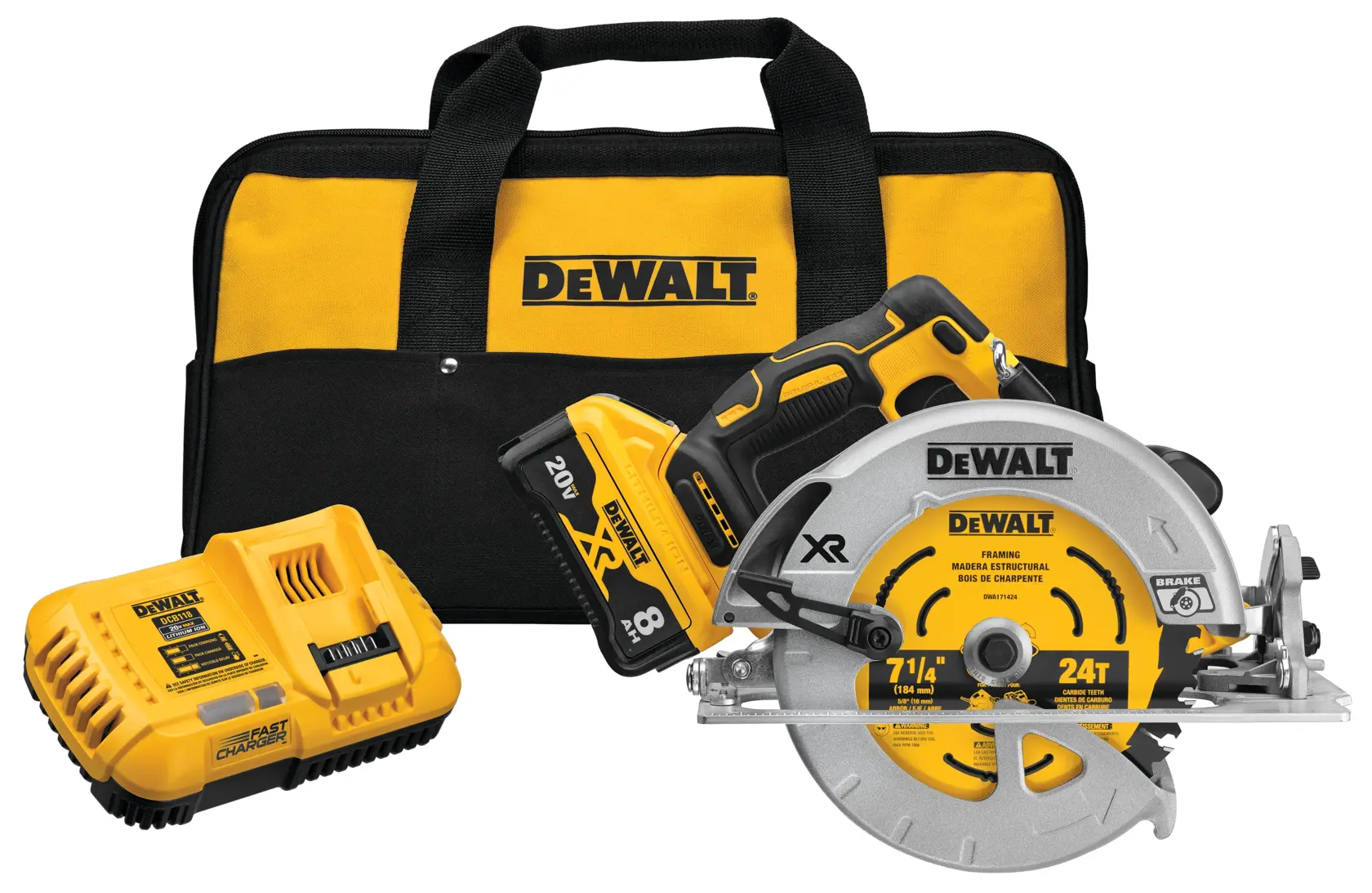 A DEWALT power tool set including a cordless circular saw with a yellow and black battery, a yellow and black carrying bag, and a yellow battery charger, all displayed on a white background.