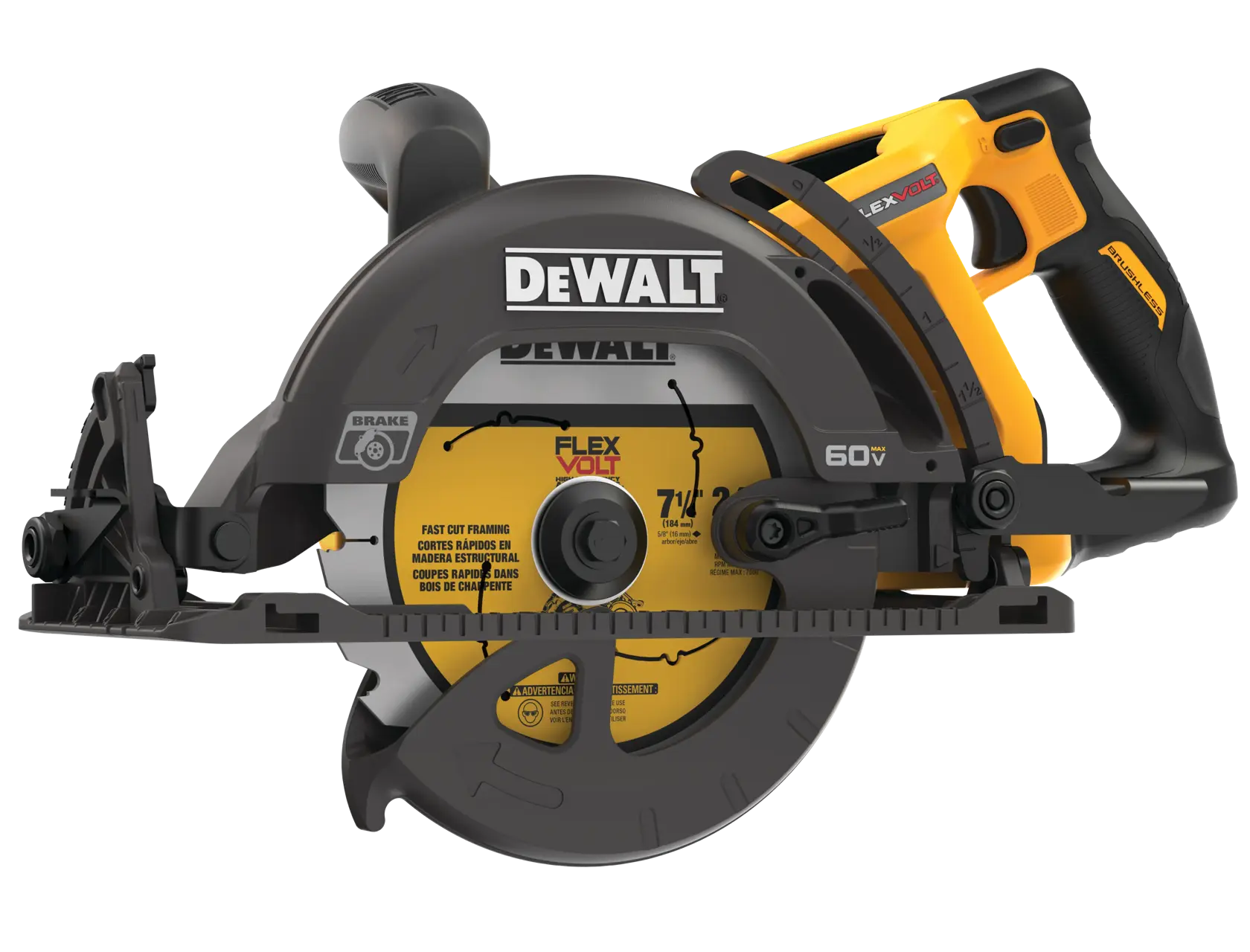 A DEWALT DCS577B cordless circular saw with a yellow and black design, featuring a 7-1/4 inch blade and 60V FlexVolt battery system.