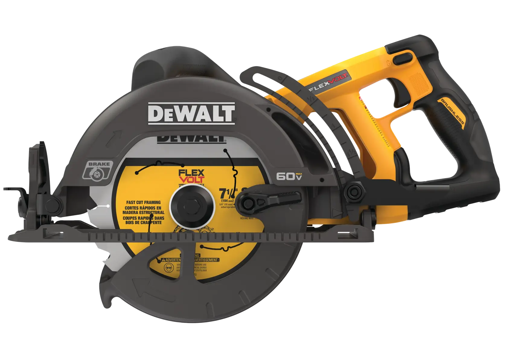 A DEWALT FLEXVOLT cordless circular saw with a yellow and black design, showing the side profile of the tool, including its blade, guard, handle, and branding.