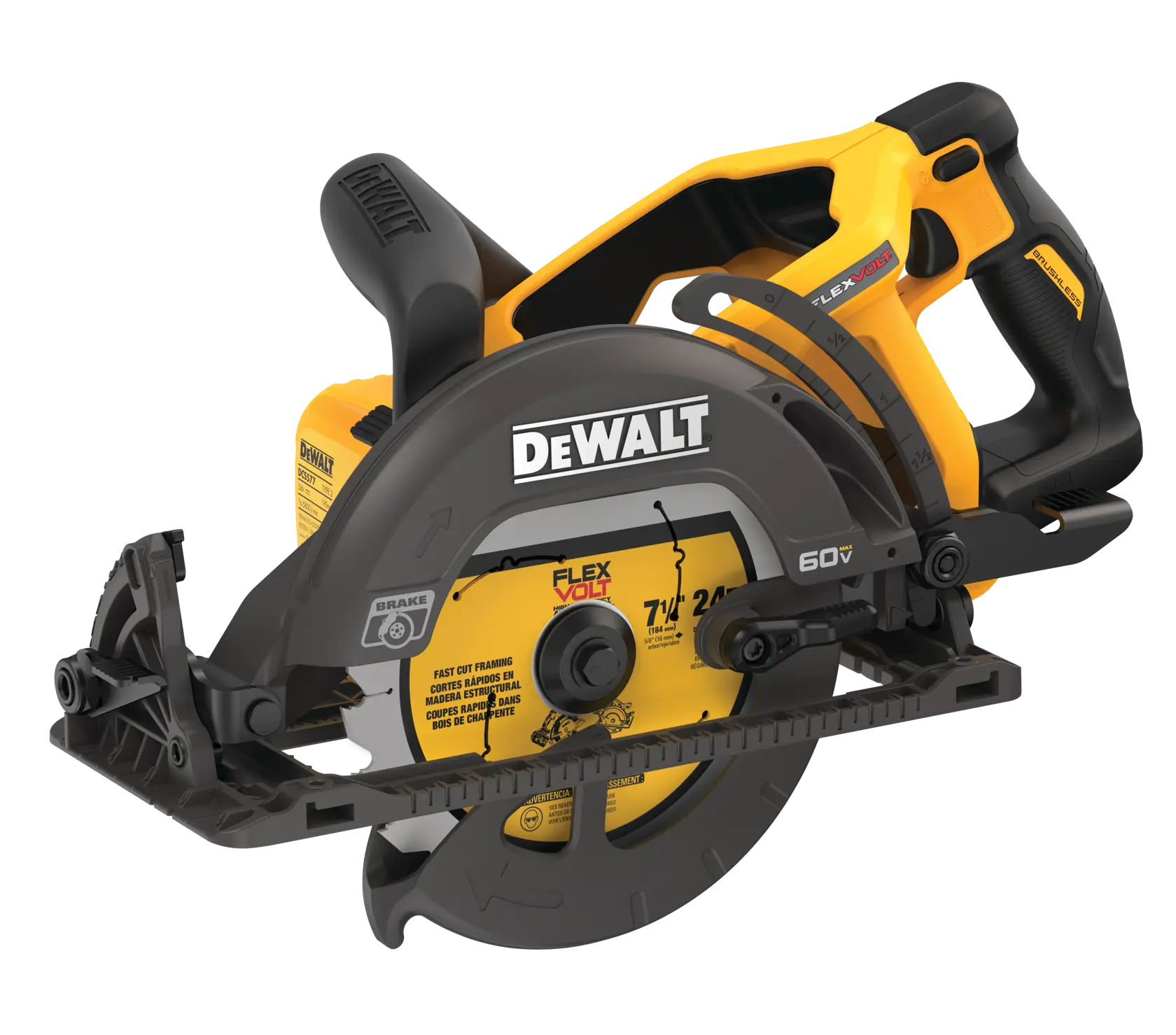 A DEWALT branded cordless circular saw with a yellow and black body, featuring the FLEXVOLT 60V technology. The saw includes a visible blade, handle, and adjustment features. The product is shown on a white background.
