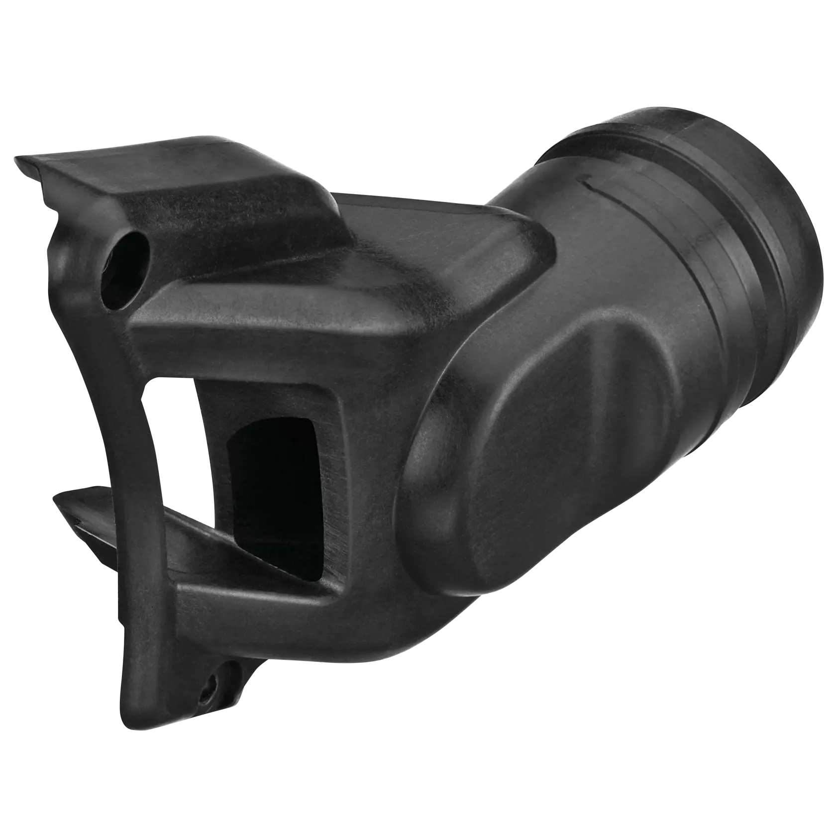 A close-up image of a black plastic dust collection adapter for a DEWALT saw, model DCS577DC. The adapter has a cylindrical shape with openings and angled surfaces, designed to attach to power tools for efficient dust management.