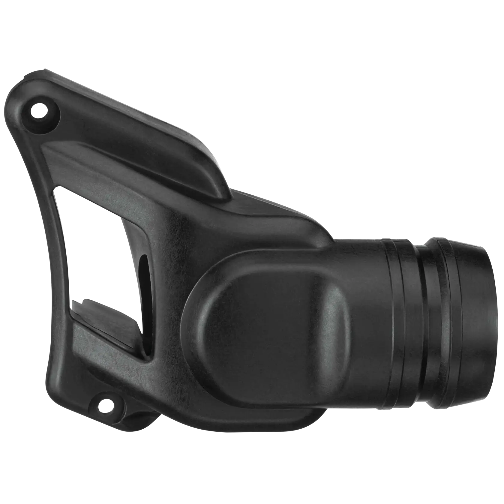 A close-up image of a black plastic dust collection adapter attachment, designed for use with tools such as saws. The adapter has a cylindrical connector and an angled flat section with mounting holes.
