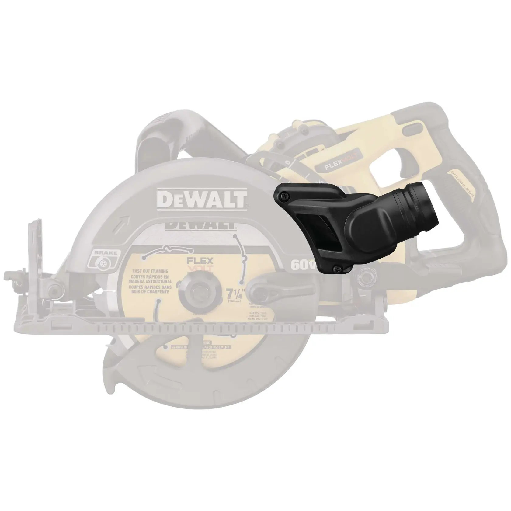 A black dust collection attachment is shown mounted on a DEWALT circular saw, highlighting the accessory on the tool.