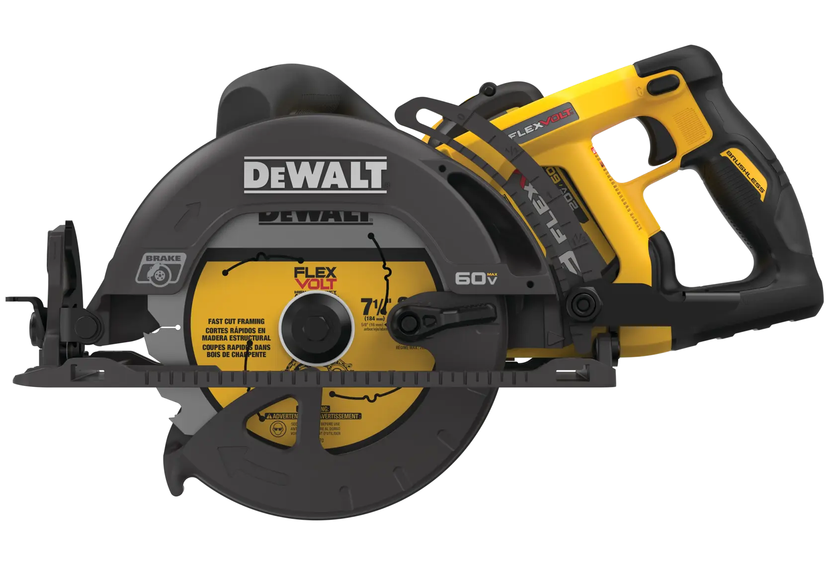 A DEWALT FlexVolt 60V cordless circular saw with a yellow and black design, featuring a large blade and ergonomic handle. Model number DCS577X1.