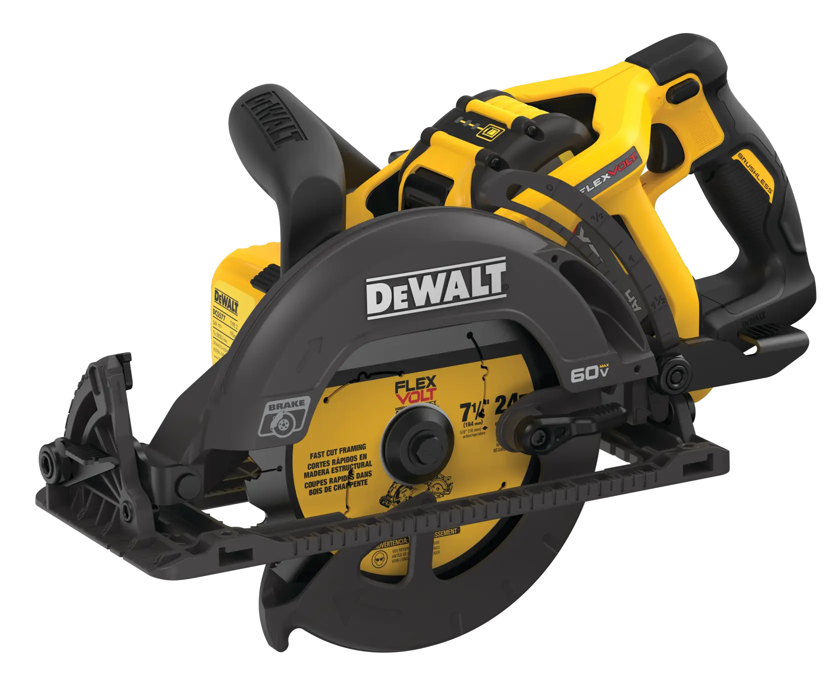 A close-up image of a DEWALT 60V FLEXVOLT cordless circular saw with yellow and black colors, showing the blade and handle. The saw features a brushless motor and is designed for fast cut framing.