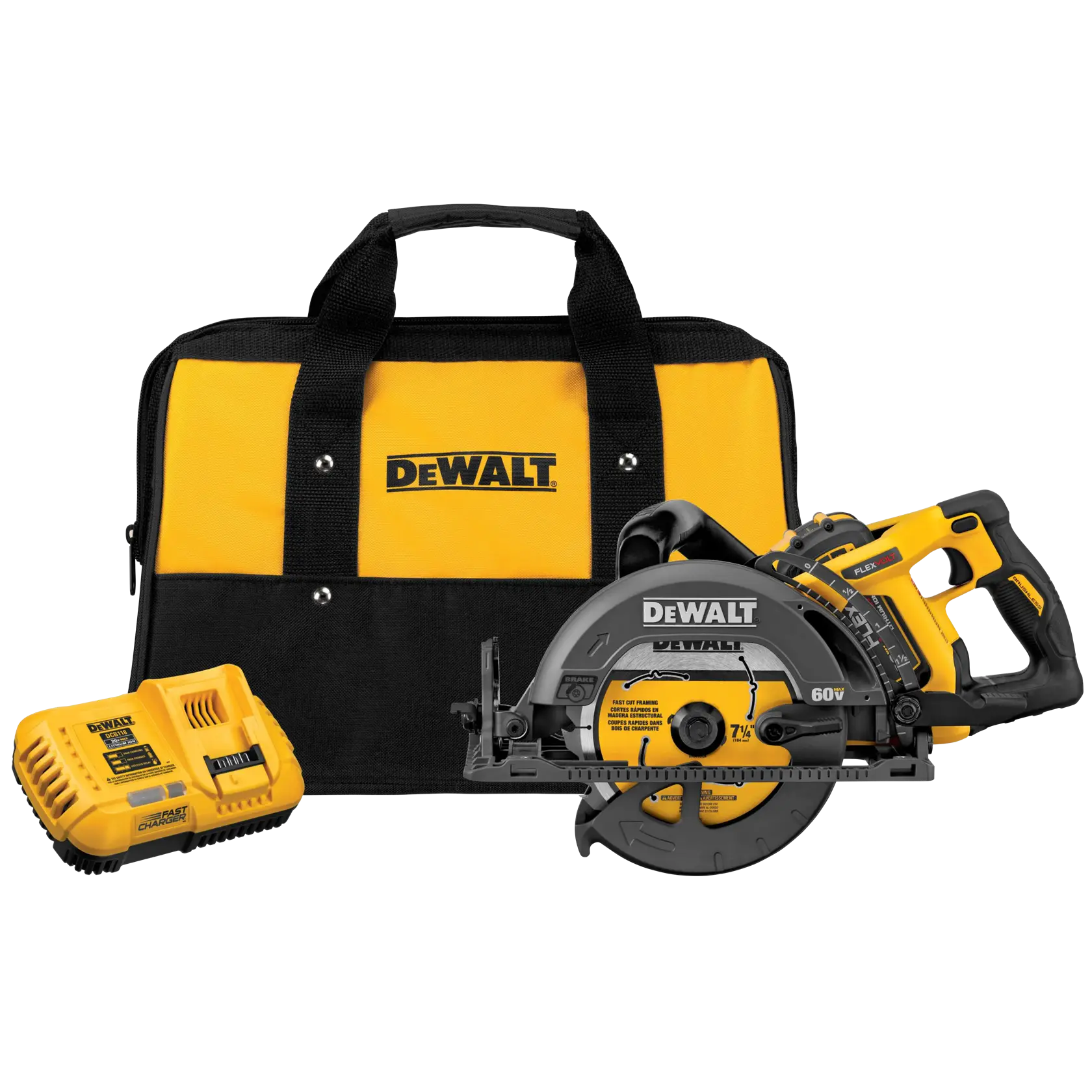 DEWALT cordless circular saw kit including a yellow and black carrying bag, a battery charger, and a 60V FLEXVOLT circular saw.