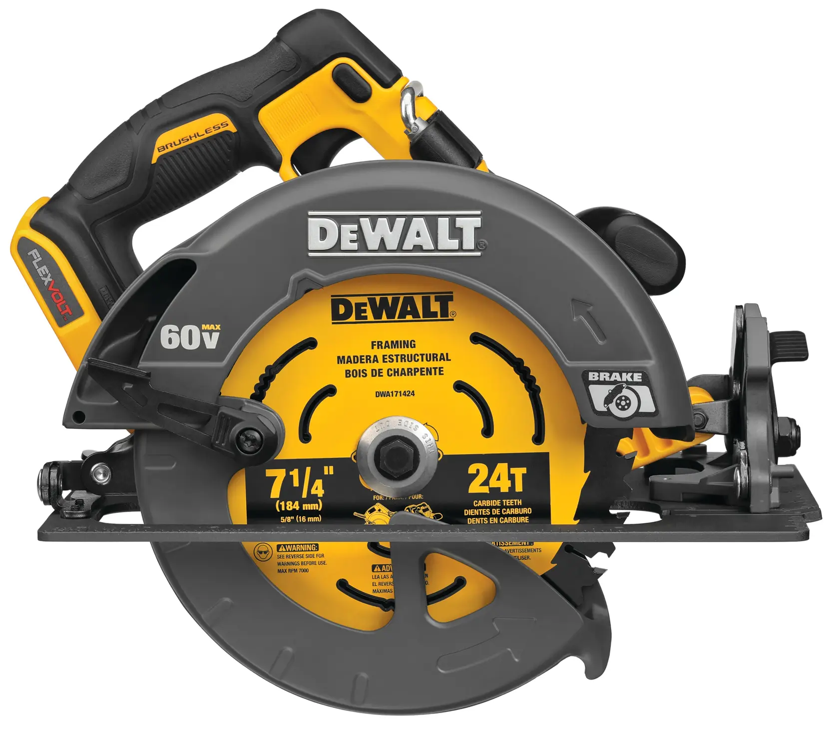 A DEWALT 60V MAX cordless circular saw, model DCS578B, featuring a yellow and black design. The saw is equipped with a 7-1/4 inch blade with 24 carbide teeth, suitable for framing and structural wood cutting. It has a brushless motor, FlexVolt capability, and a blade brake for safety.